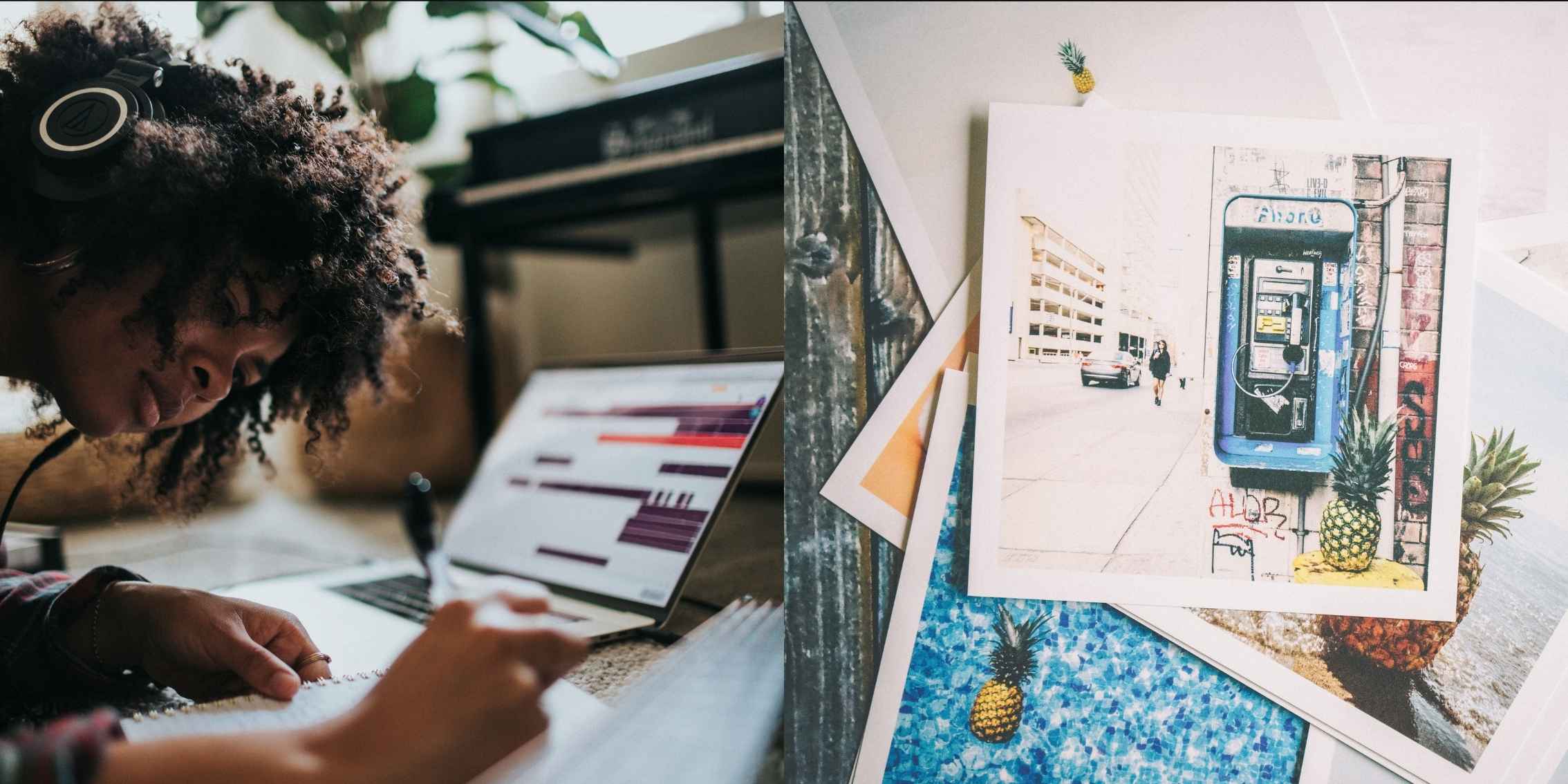  lady with curly hair studying at a desk alongside some
                                    photography images
