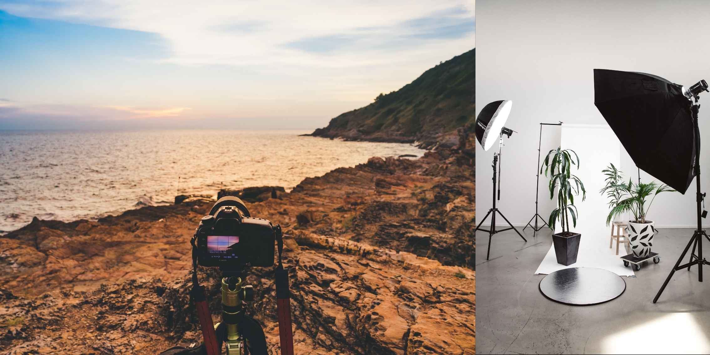 A DSLR camera mounted on a tripod capturing a sunset over the
                        ocean on the left side of the image, and on the right side, a professional
                        photography studio setup with a white backdrop and lighting equipment.