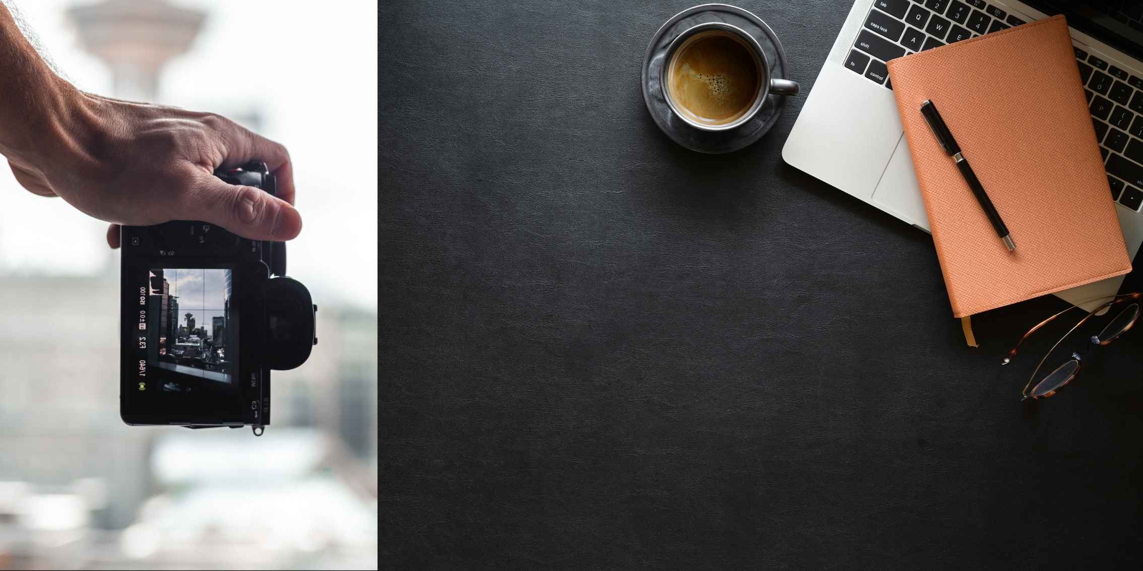 A photographer captures a city scene through their camera lens,
while a workspace with a laptop, coffee, and stationery is visible in the
background.
