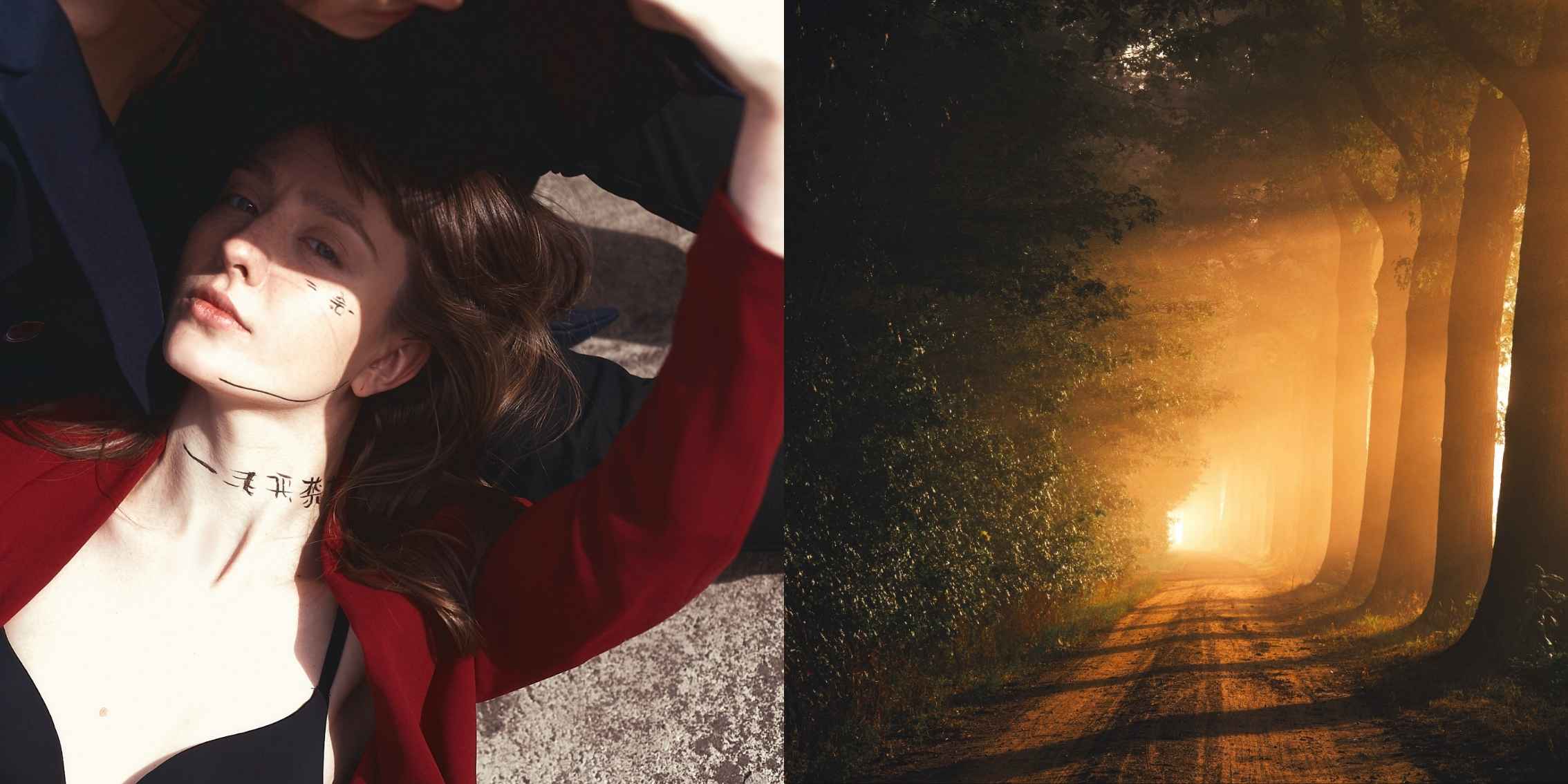 Golden hour photogrpahy A lady photographed with sunlight reflecting onto her face and a tree lined pathway during golden hour
