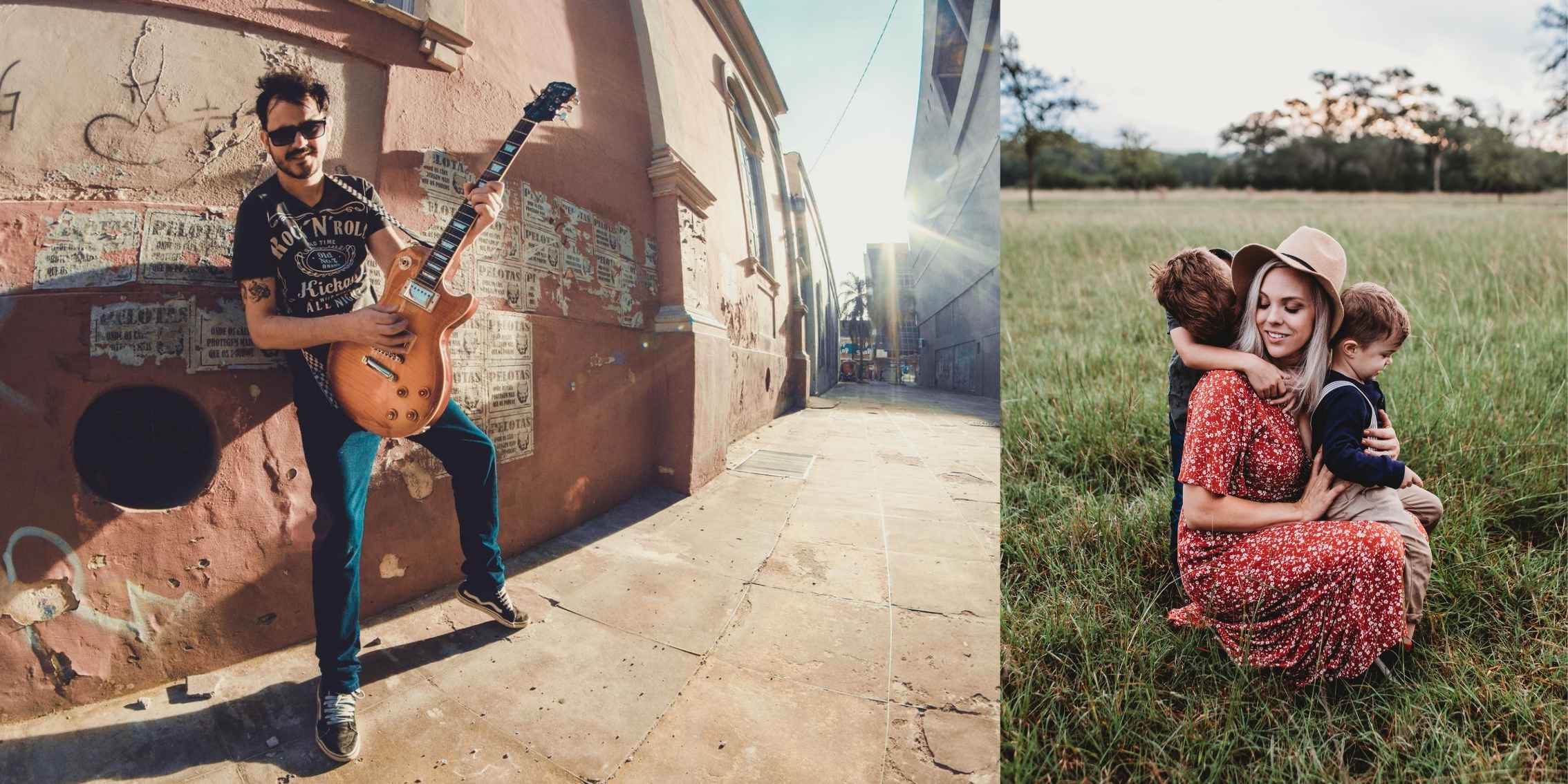 composite image of a man playing electric guitar in the street and a mother with her two children composite image of a man playing electric guitar in the street and a mother with her two children