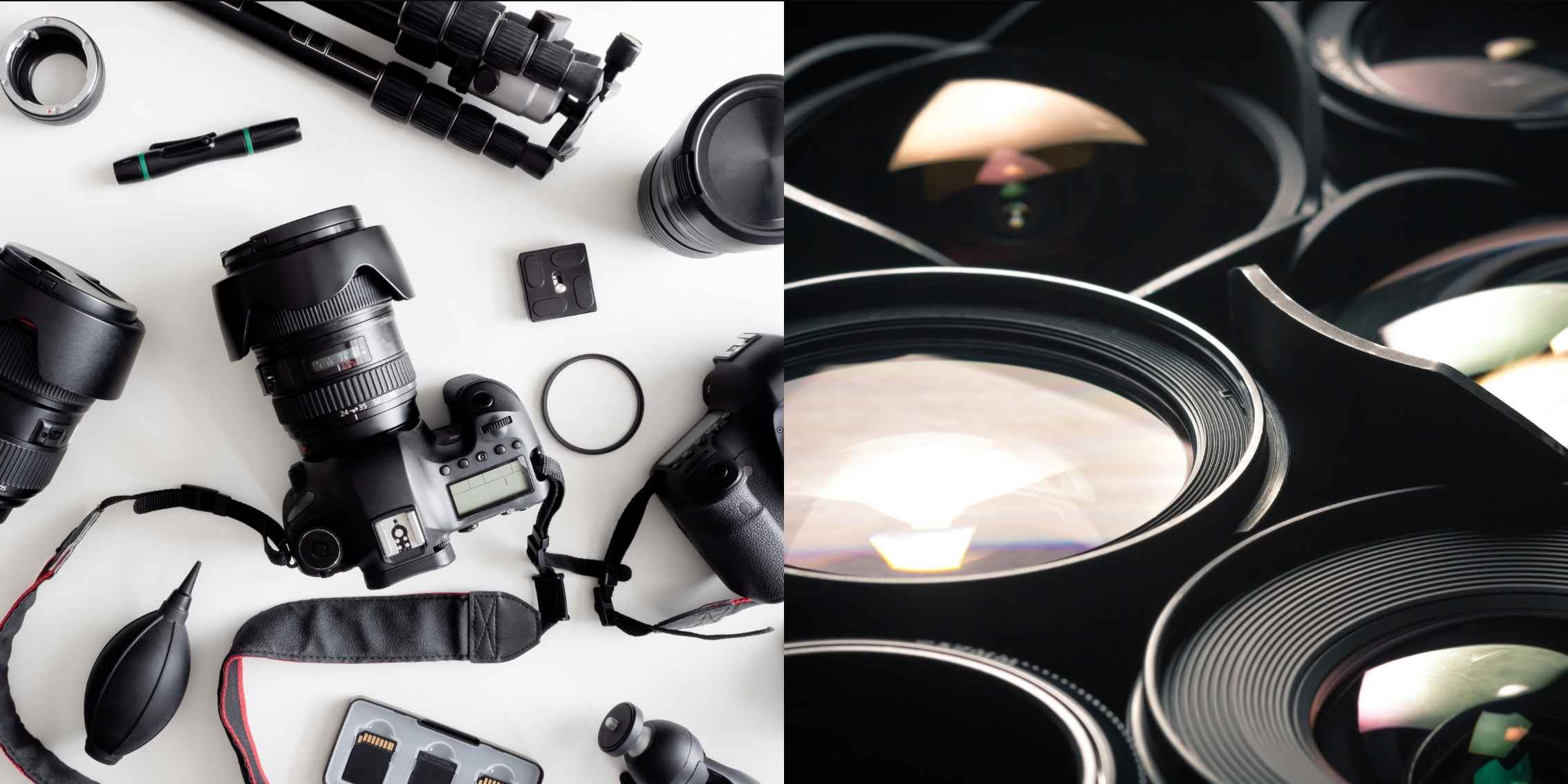 A DSLR camera with various lenses, a tripod, and other photography accessories arranged on a white surface