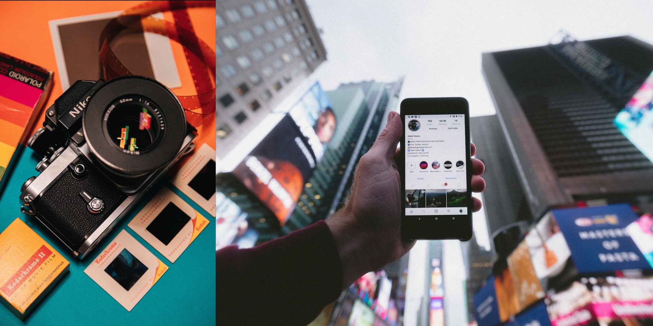 Nikon film camera and smartphone showing instagram feed Nikon film camera and smartphone showing instagram feed