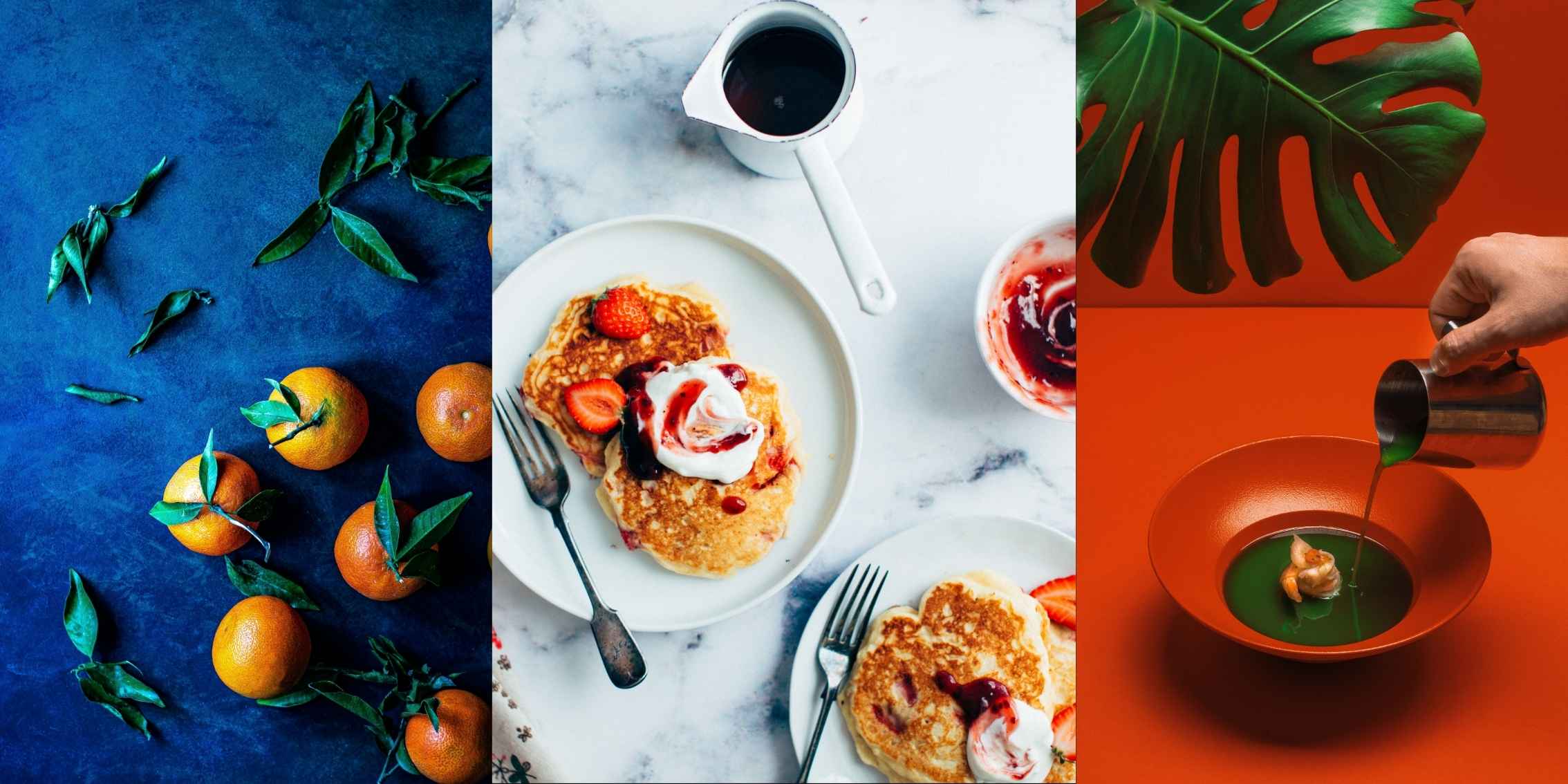 Examples of food photography in front of contrasting backgrounds