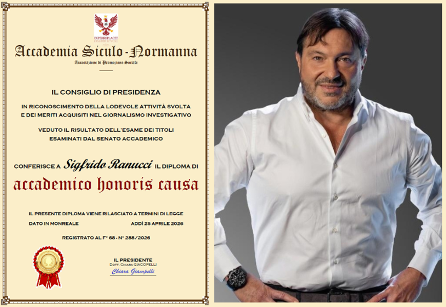 Conferito a Sigfrido Ranucci il diploma “honoris causa” dell’Accademia Siculo-Normanna