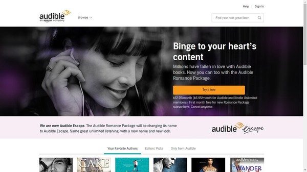 Audible Renames Audible Romance Package as "Audible Escape"
