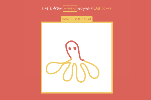 Drawing an octopus together; peach lines are me, yellow lines are the AI. (Stanford Department of Psychology)