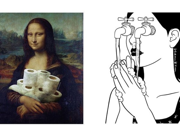 The Mona Lisa cradles toilet paper rolls in work featured in the Covid Art Museum