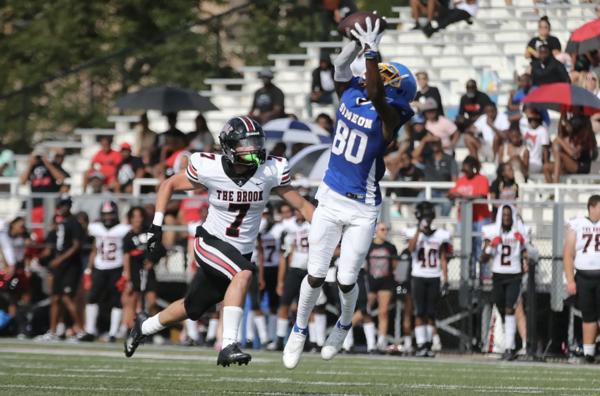 Simeon's Cameron Ashley (80) makes a leaping catch out of the reach of Bolingbrook's Jacob May (7). | Allen Cunningham/For the Sun-Times