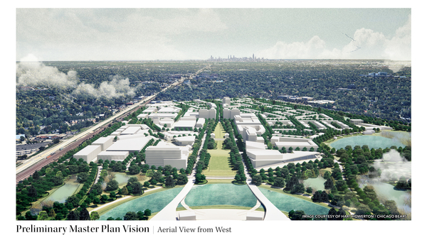 A map of the proposal for the site in Arlington Heights shows the stadium at one end of the property, with a mixed-use development taking up the remaining two-thirds. | Courtesy of Chicago Bears