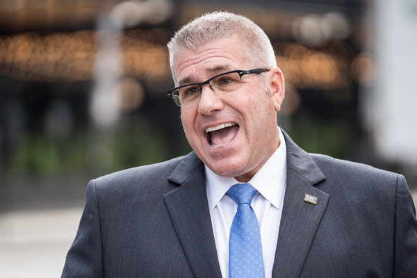 Republican Darren Bailey talks to reporters on Tuesday. | Pat Nabong/Sun-Times