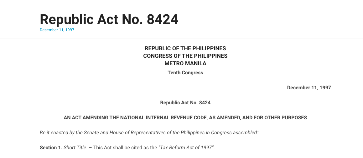 National Internal Revenue Code of 1997 Datasets ResourceData