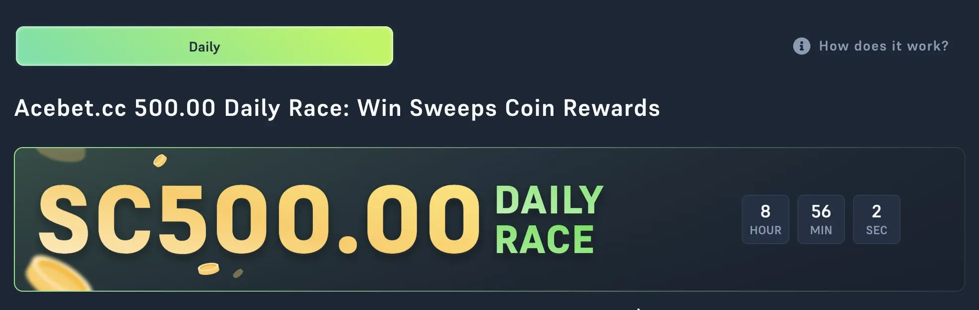 Acebet.cc promo code daily race promotions.