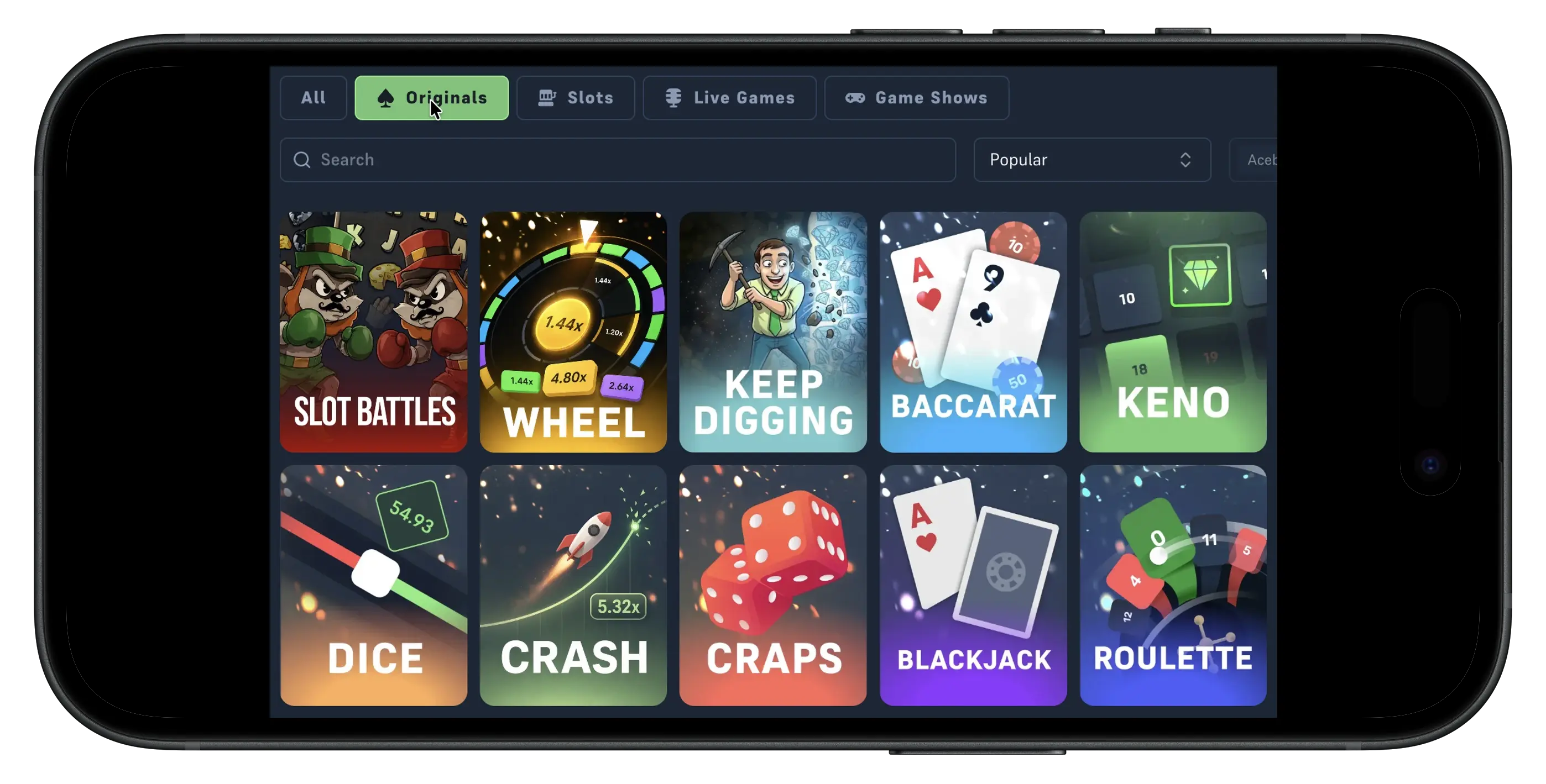Acebet.cc promo code game selection and Originals.
