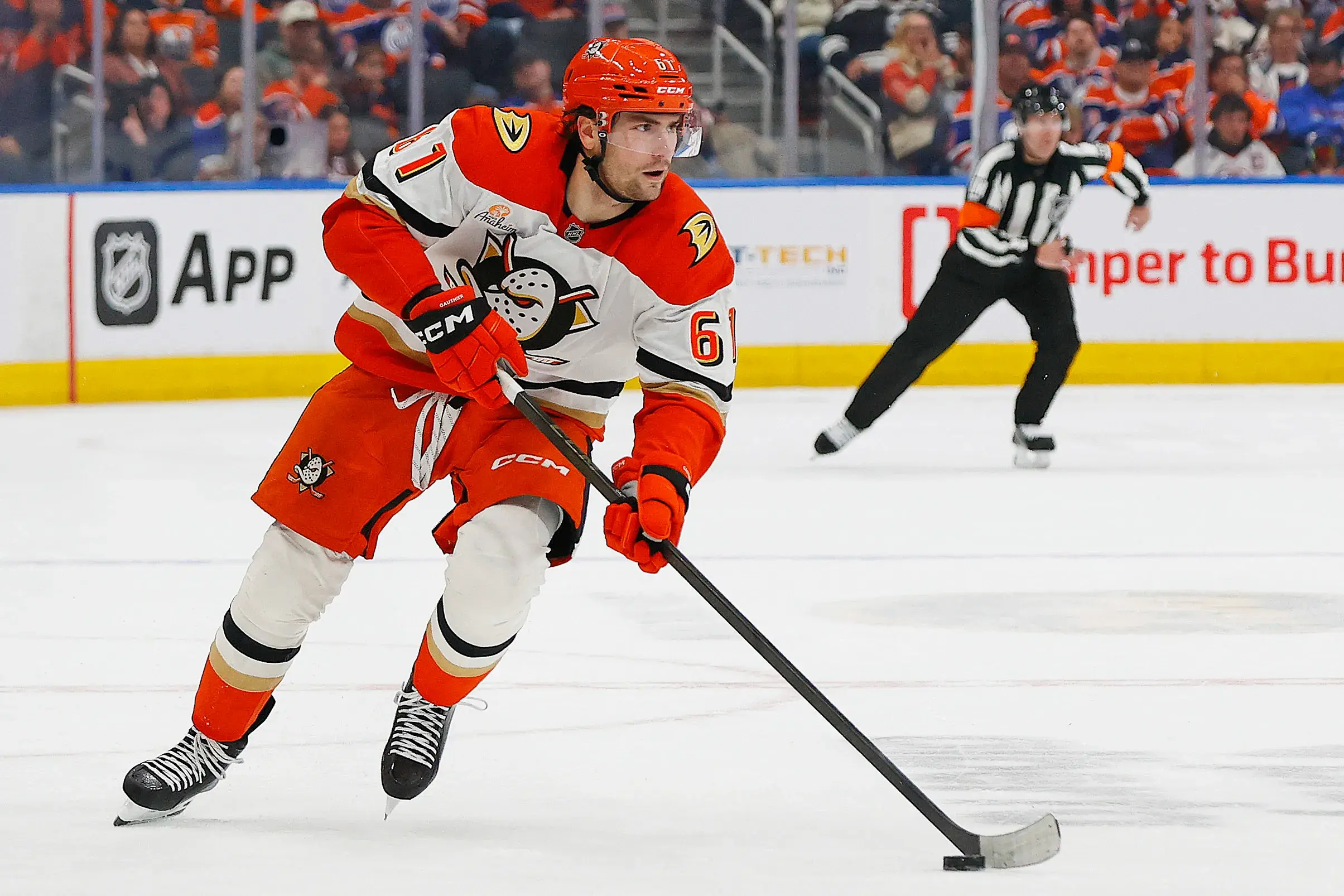 Anaheim Ducks forward Cutter Gauthier (61) carries the puck up-ice against the Edmonton Oilers in game five of the first round of the 2026 Stanley Cup Playoffs at Rogers Place. Mandatory Credit: Perry Nelson-Imagn Images