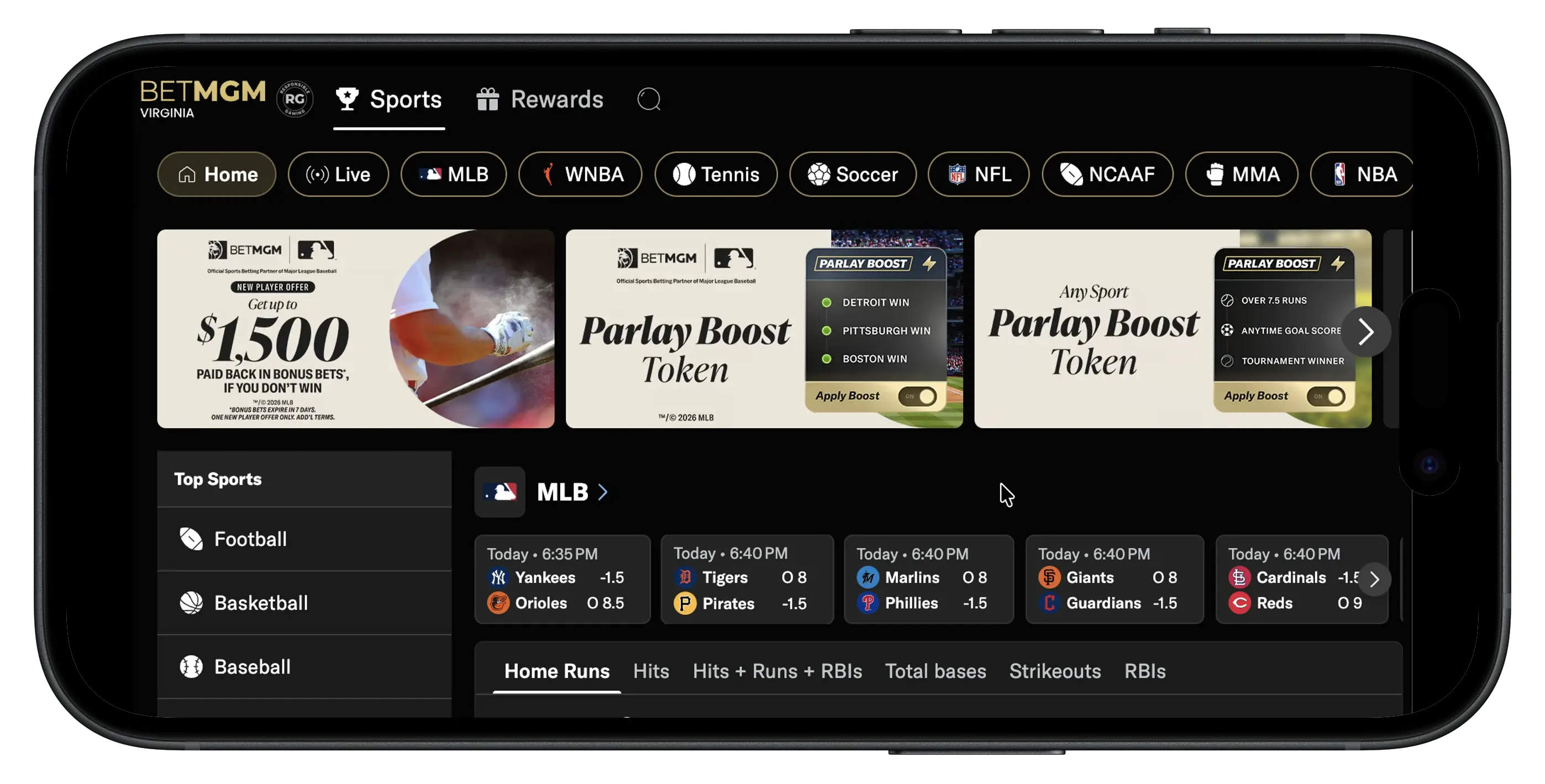 BetMGM sportsbook categories, sports, and game lines.