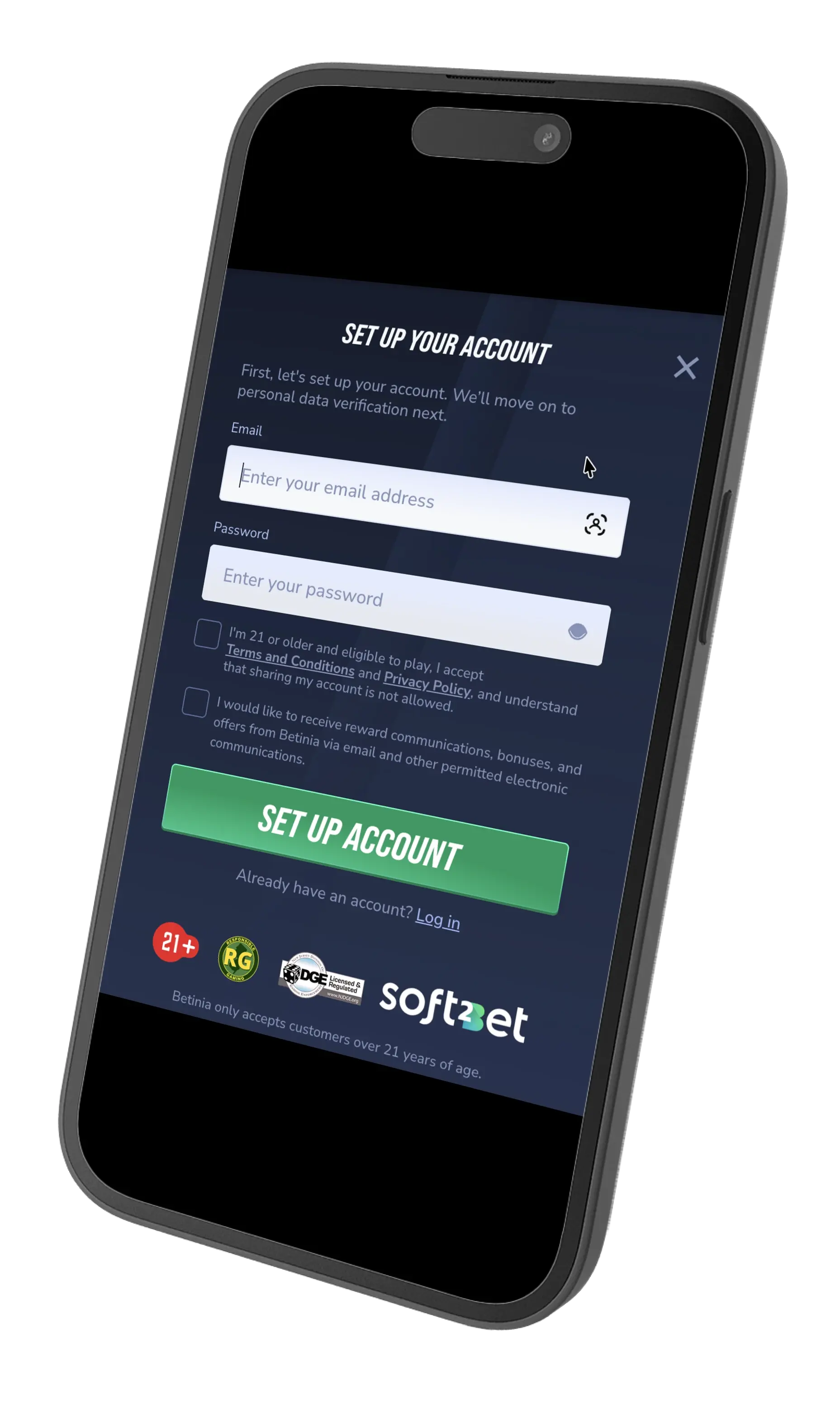 Betinia Casino promo code sign up prompt and information.