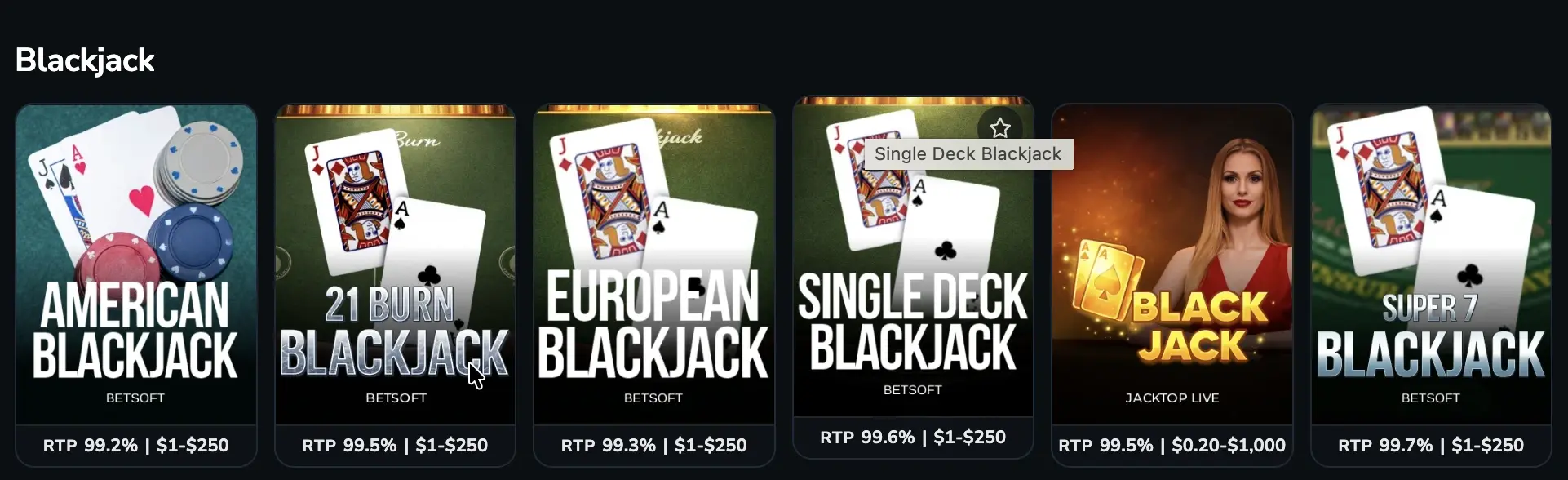 PlayBracco Blackjack game titles interface and options.