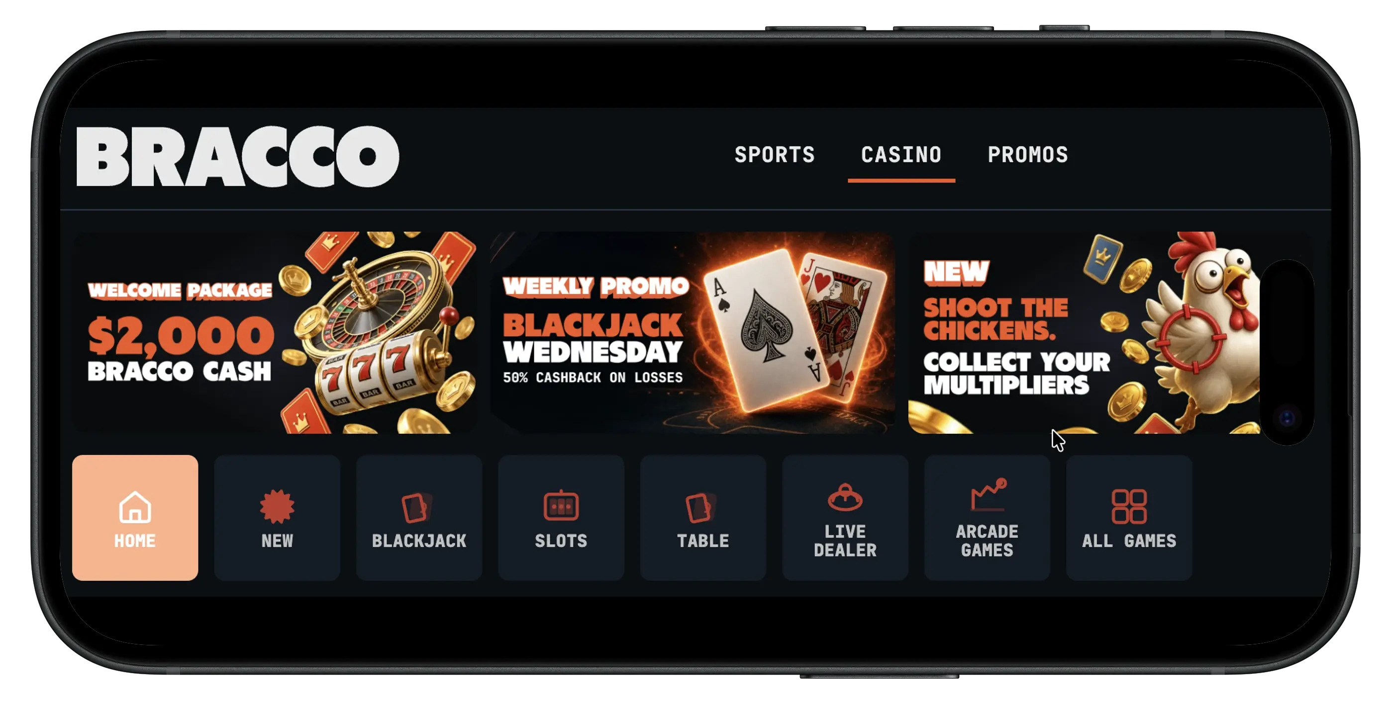 PlayBracco Social Casino games and homepage.