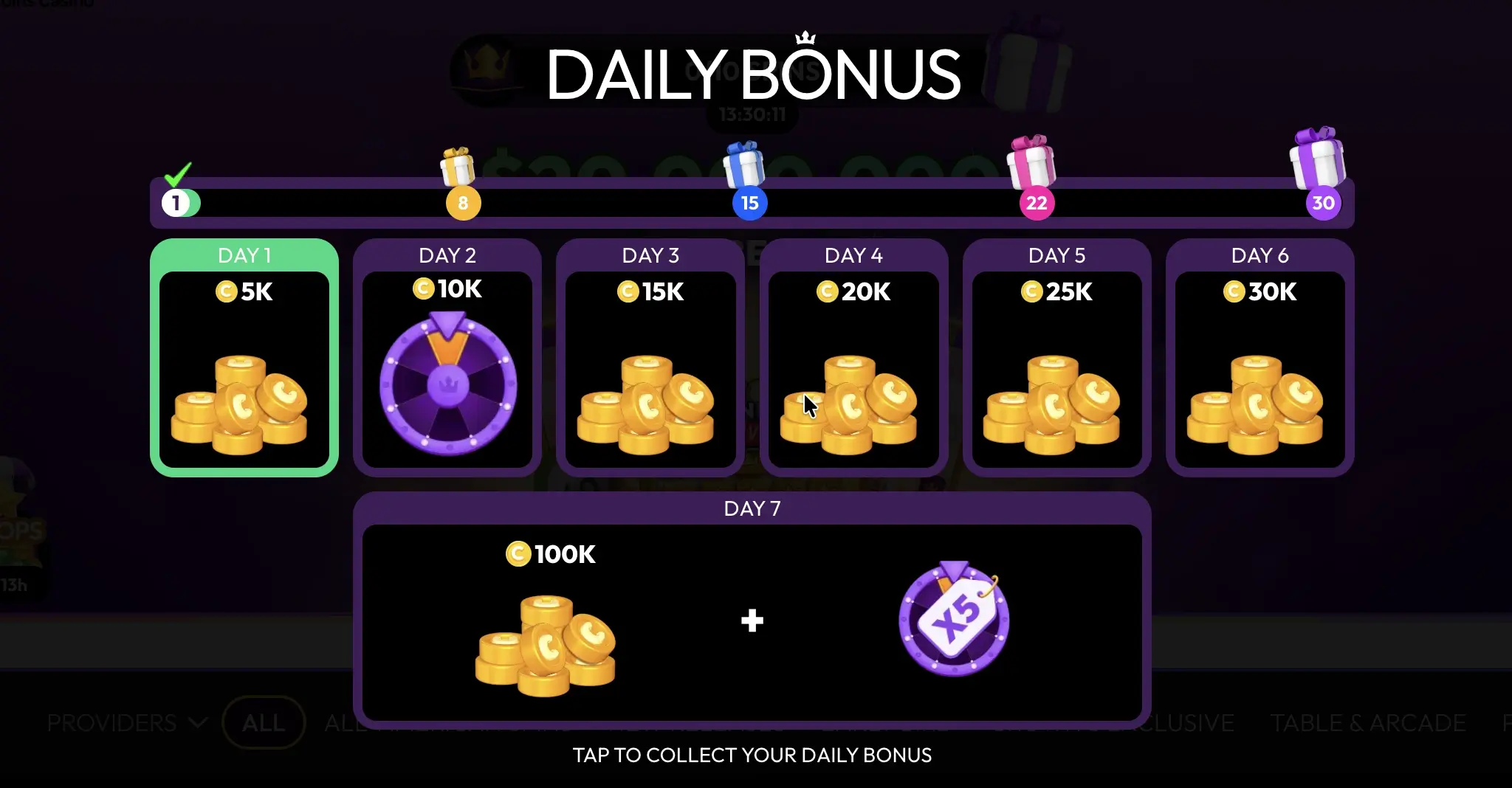 Crown Coins Casino daily bonus day counter and prize rewards.