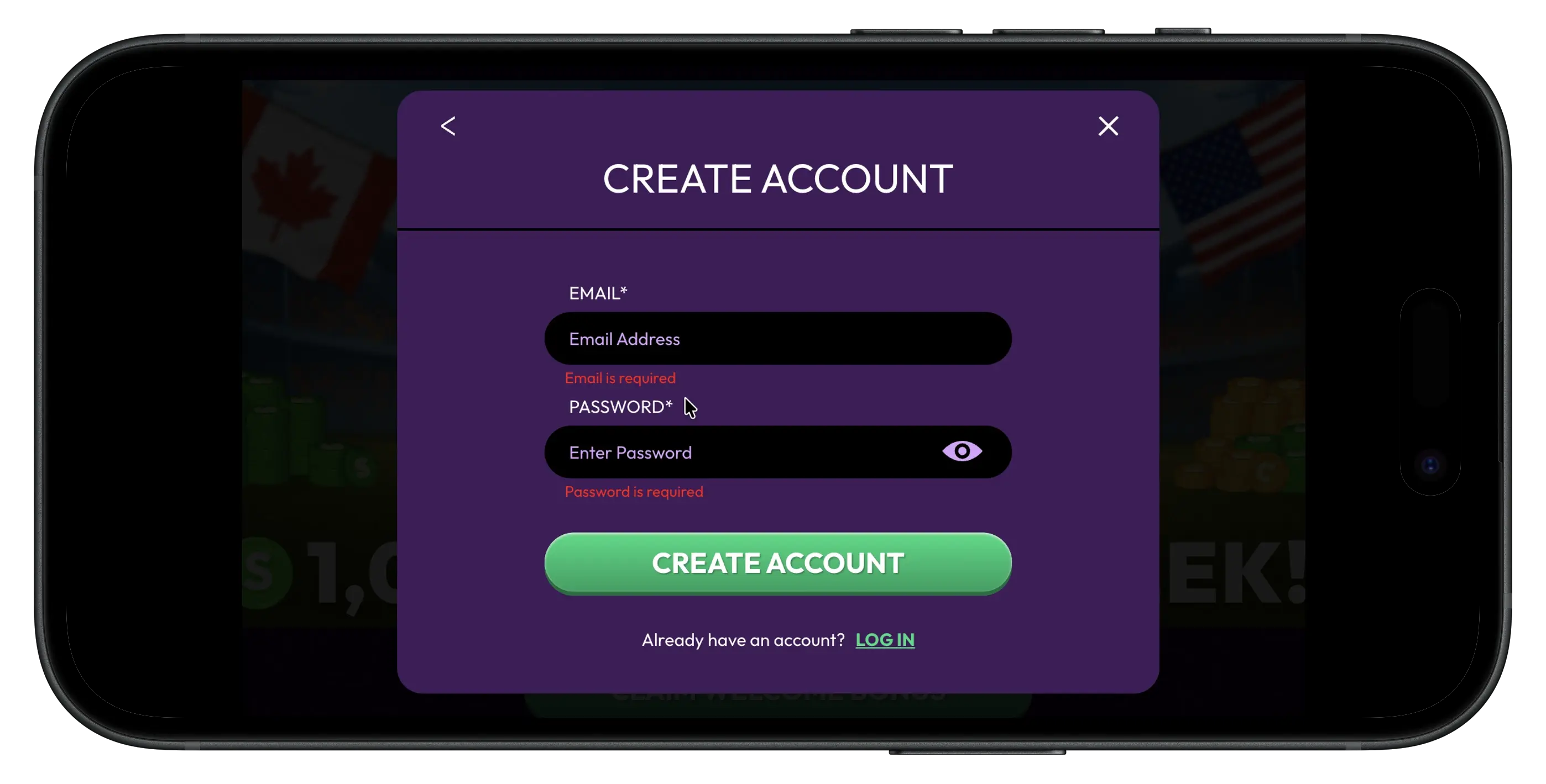 Crown Coins Create Account option.
