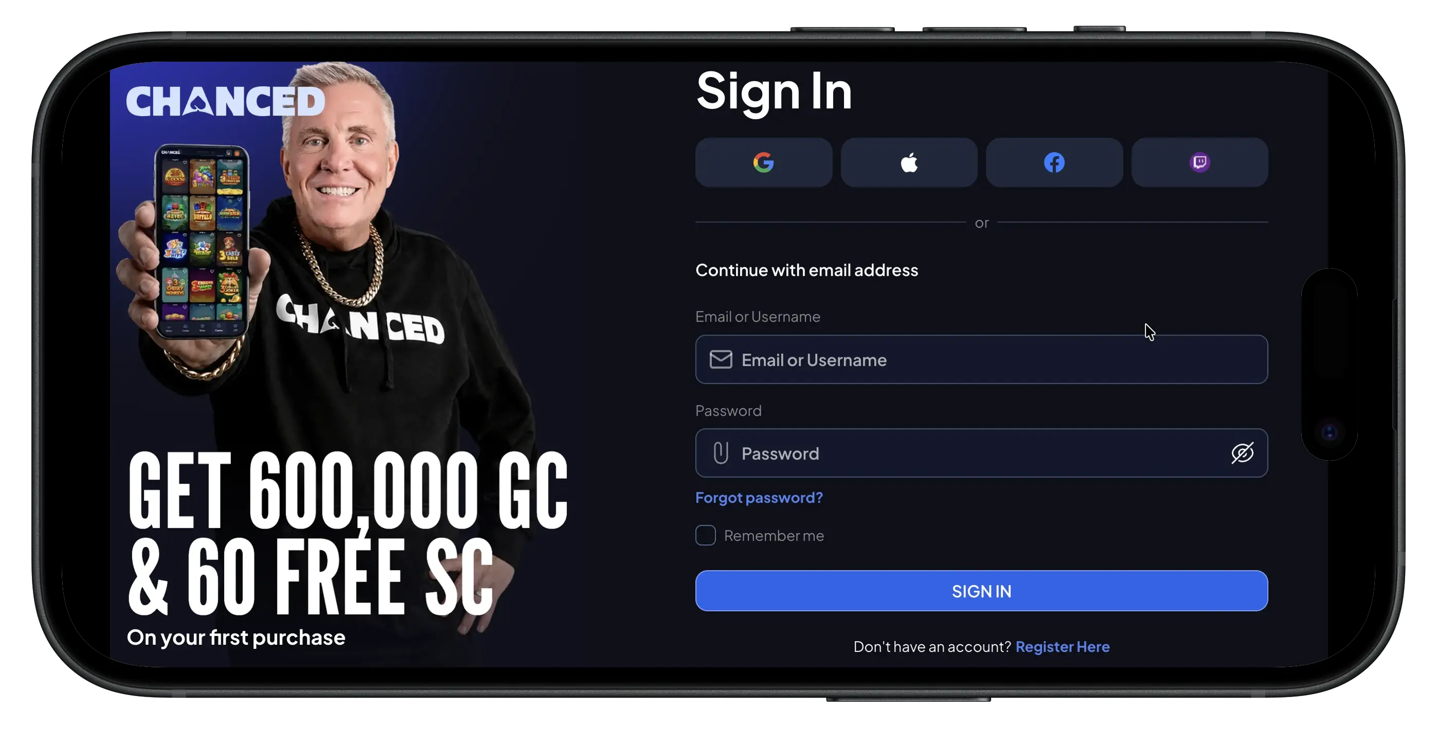 Chanced Casino bonus code sign up prompt and welcome bonus.