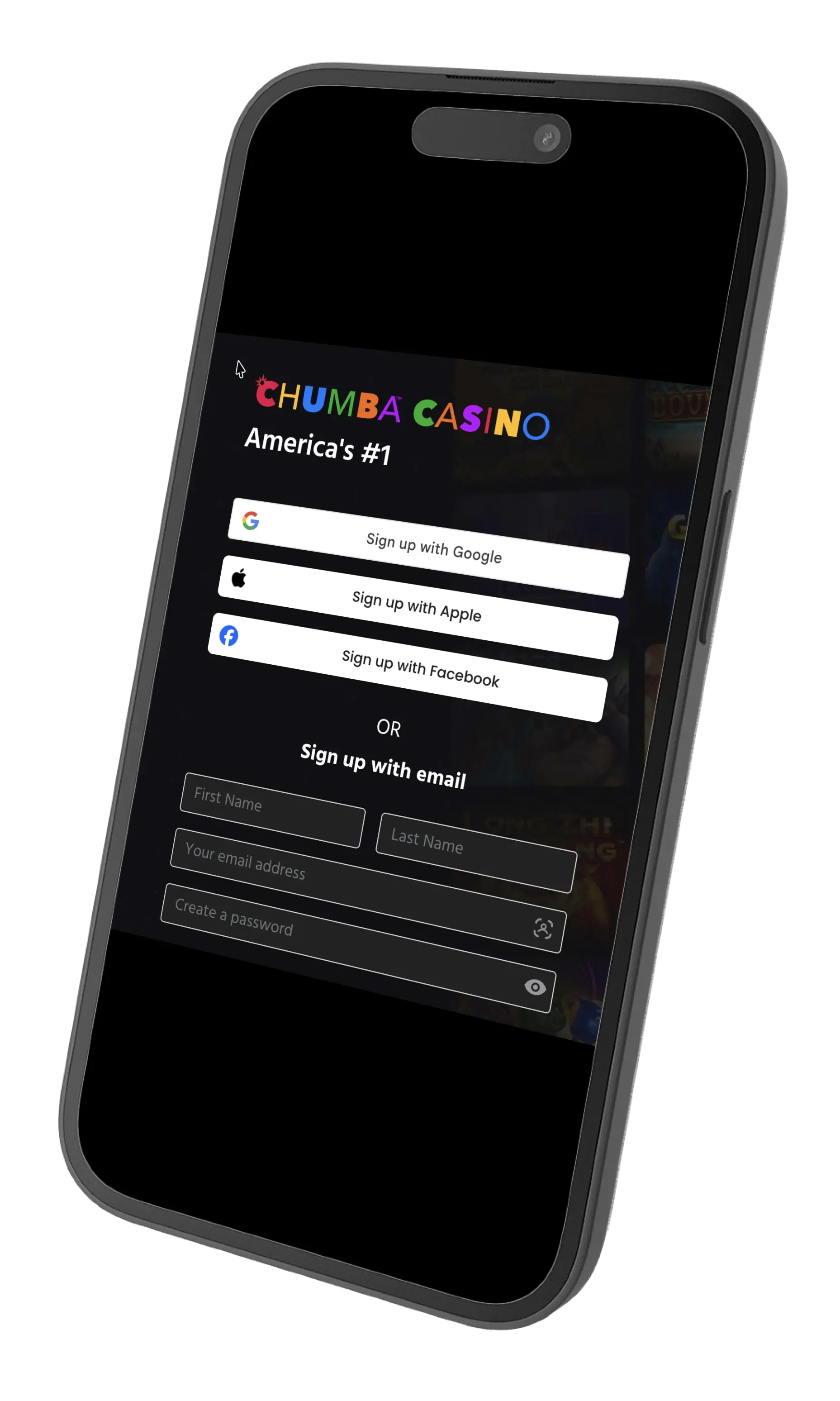 Chumba Casino promo code sign up prompt.
