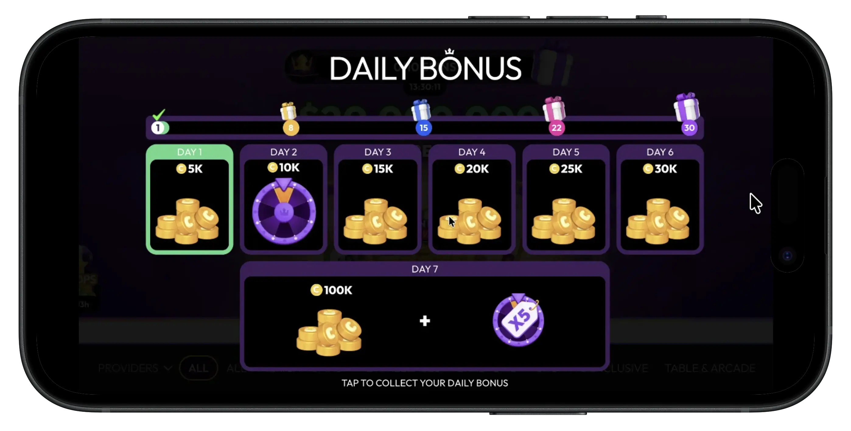 Crown Coins daily login bonus daily schedule.