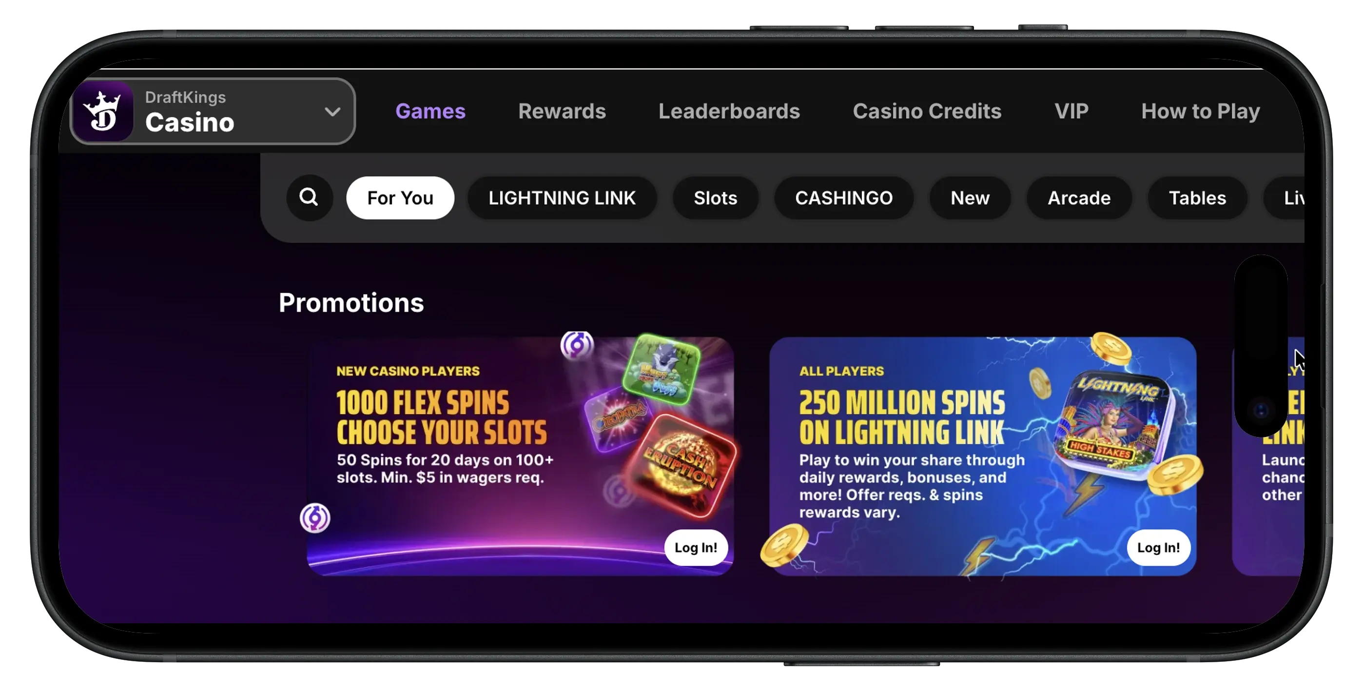 DraftKings Casino homepage interface.
