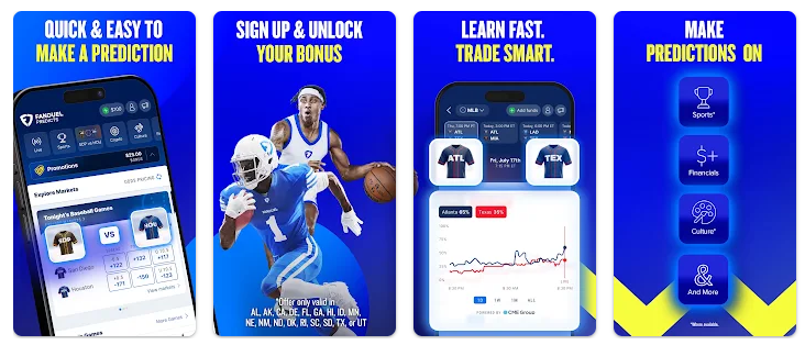 Four promotional screens from the FanDuel Predict app highlighting the user experience, including signing up for a welcome bonus, learning how to trade prediction markets, viewing live market charts, and exploring markets across sports, finance, culture, and more.