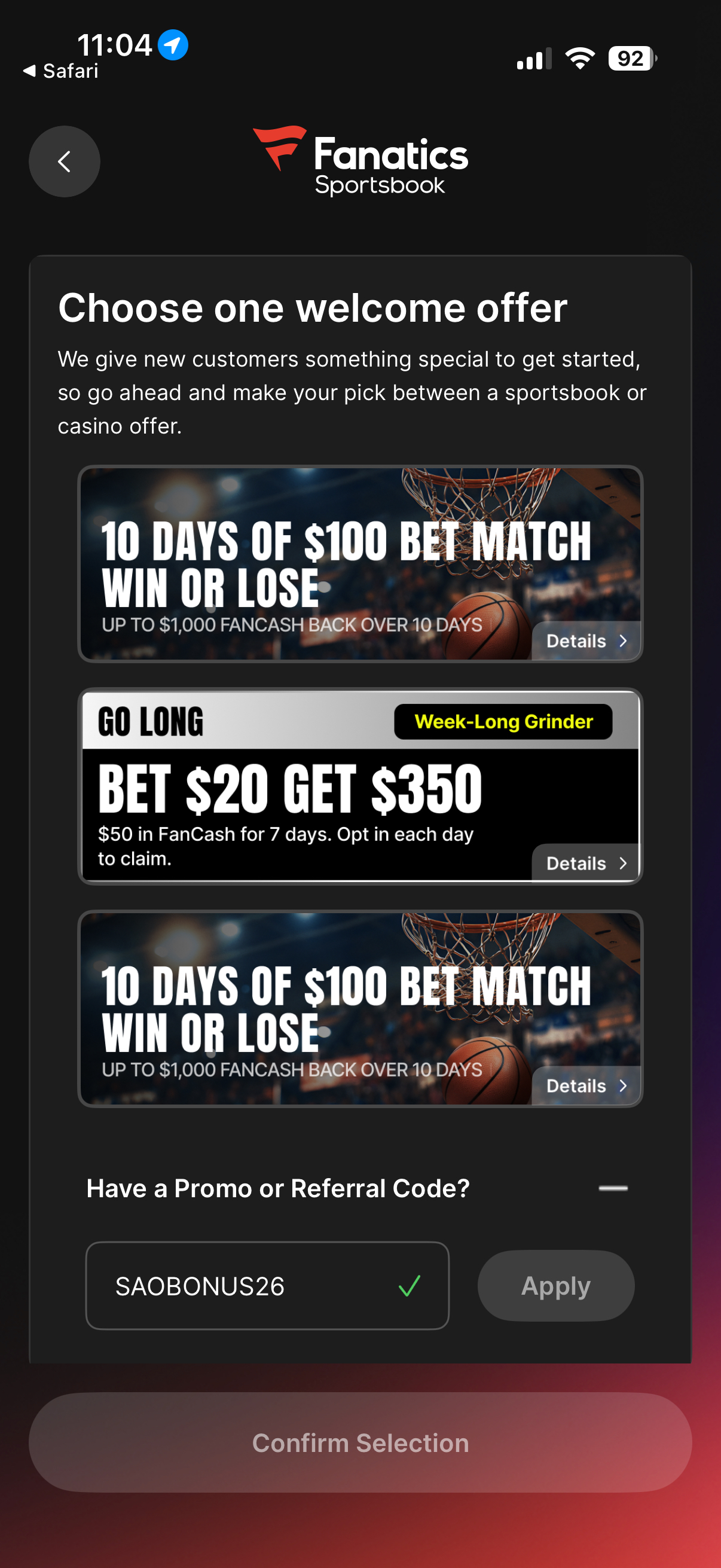 Use the promo code SAOBONUS350 to get $350 or SAOBONUS26 to Get Up To $1000 Matched in FanCash!