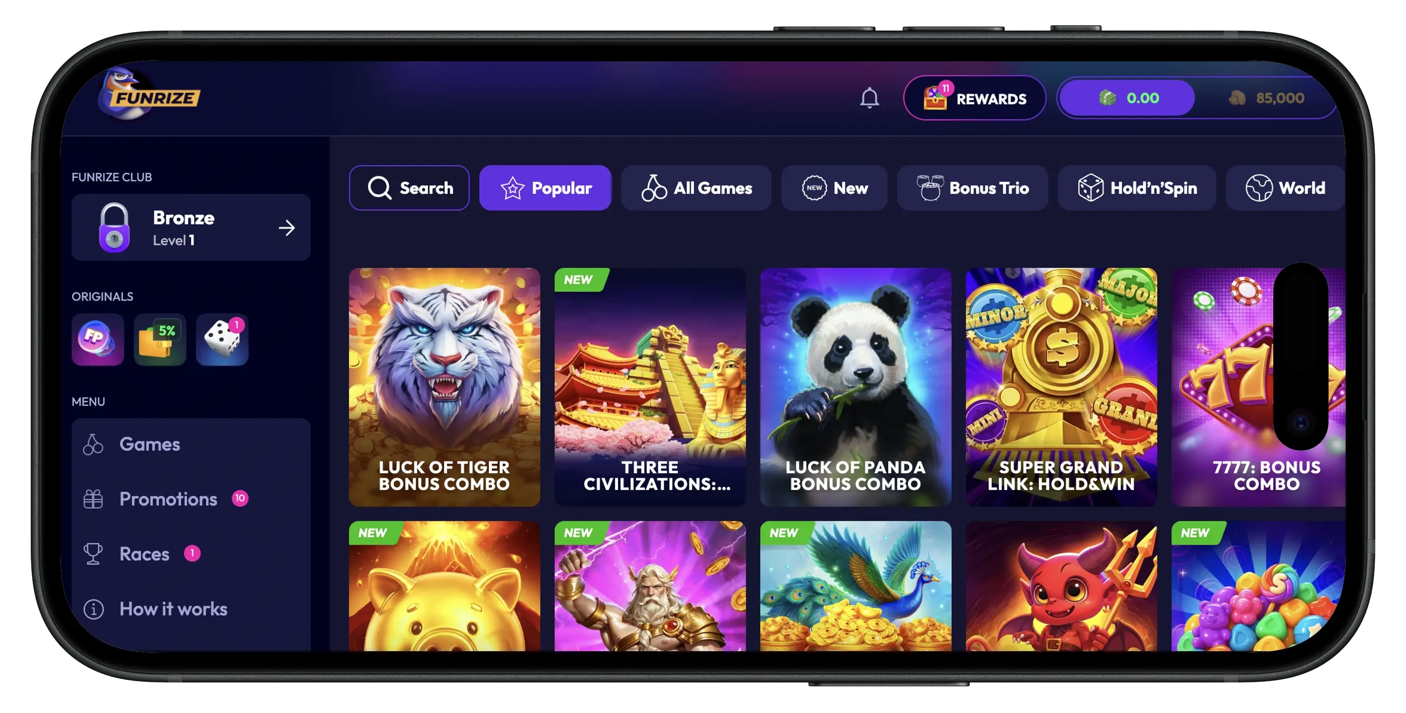 Funrize Casino games and homepage interface.