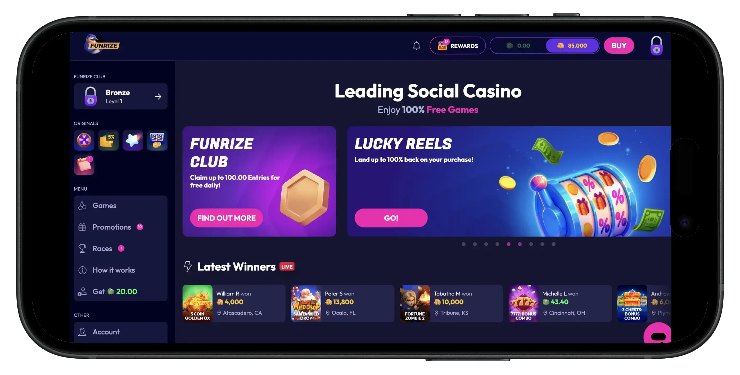 Funrize Social Casino promo code on mobile.
