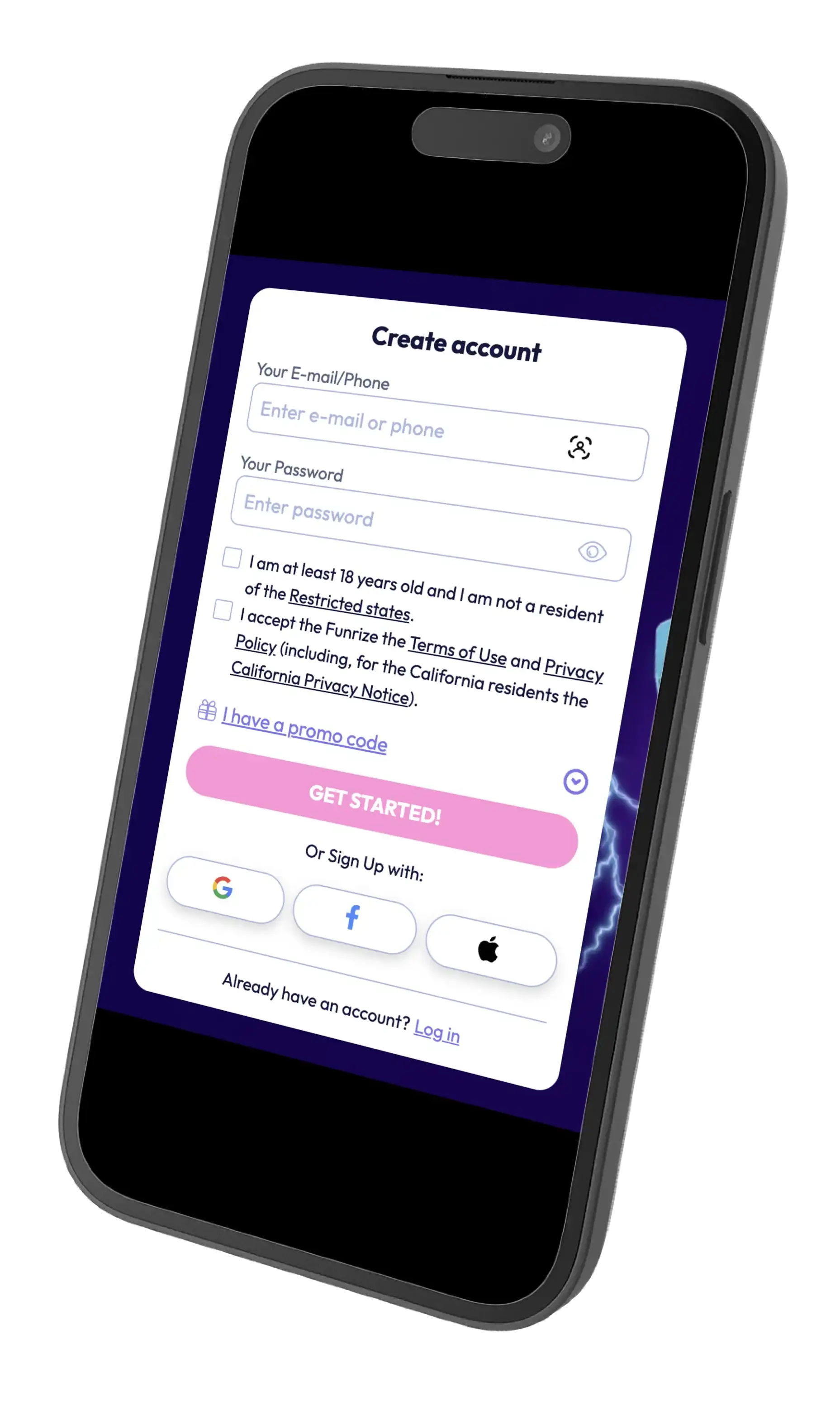 Funrize Casino promo code sign up prompt.