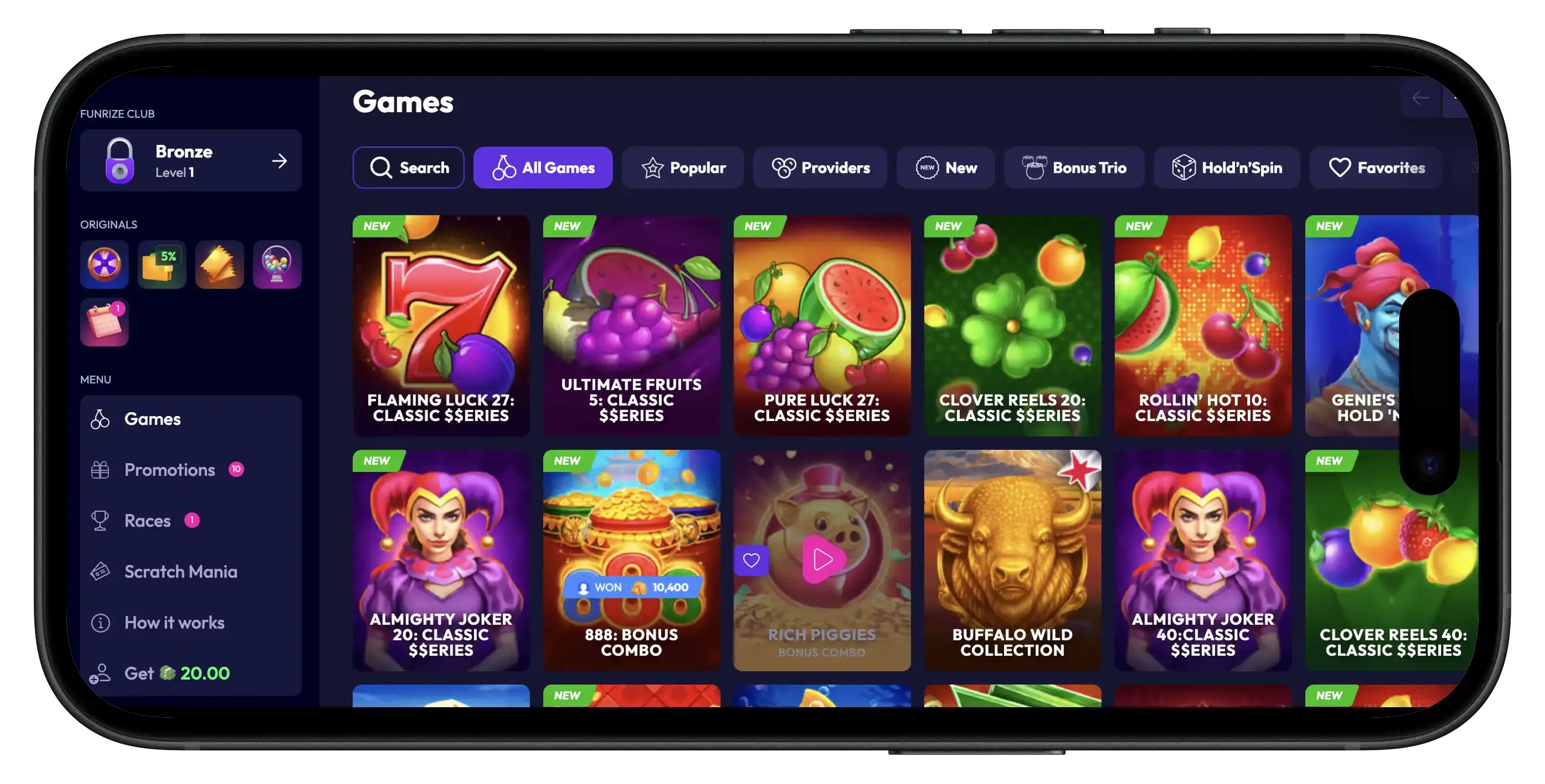 Funrize Casino promo code game selection.