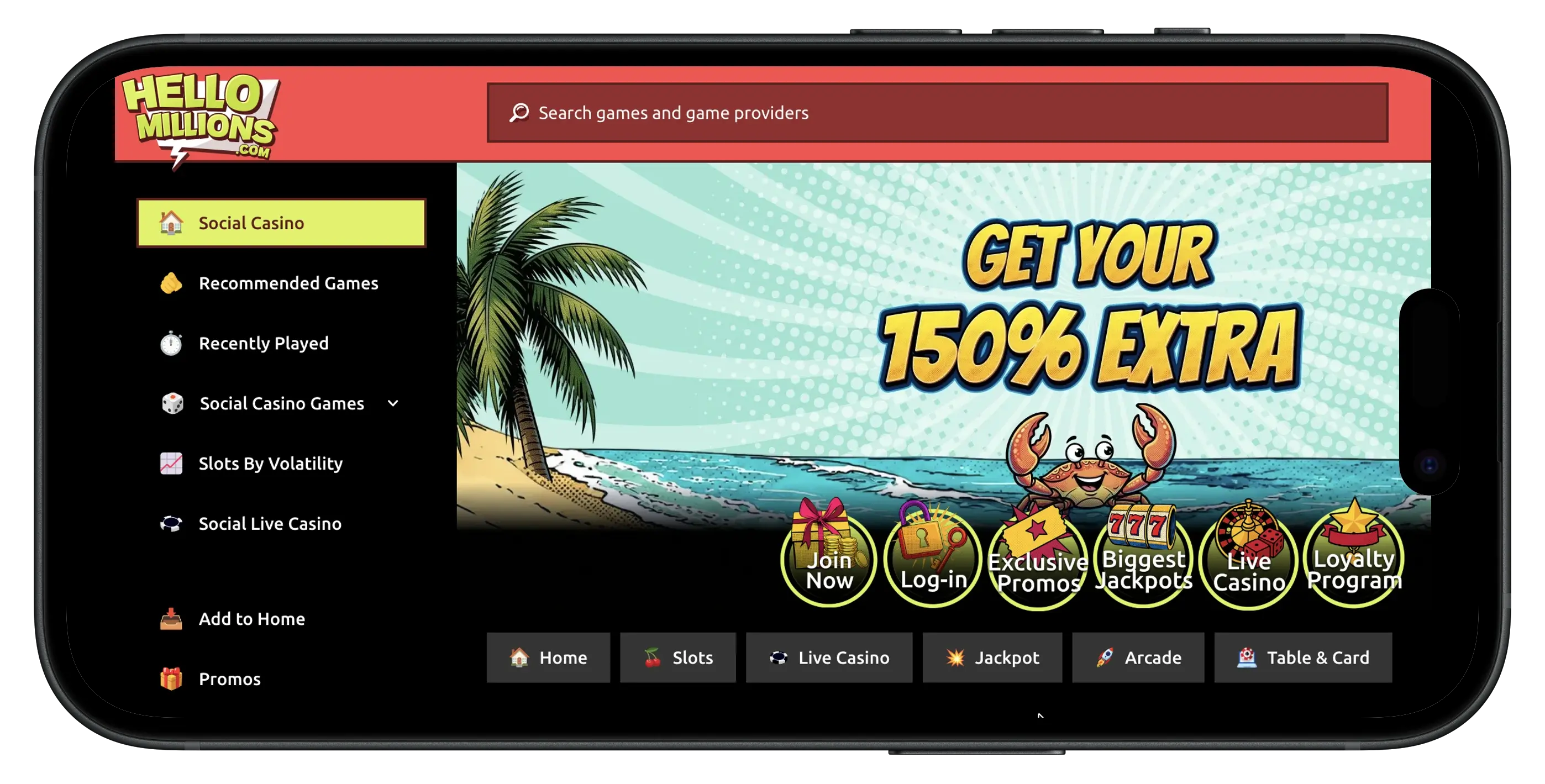 Hello Millions social casino homepage and interface.