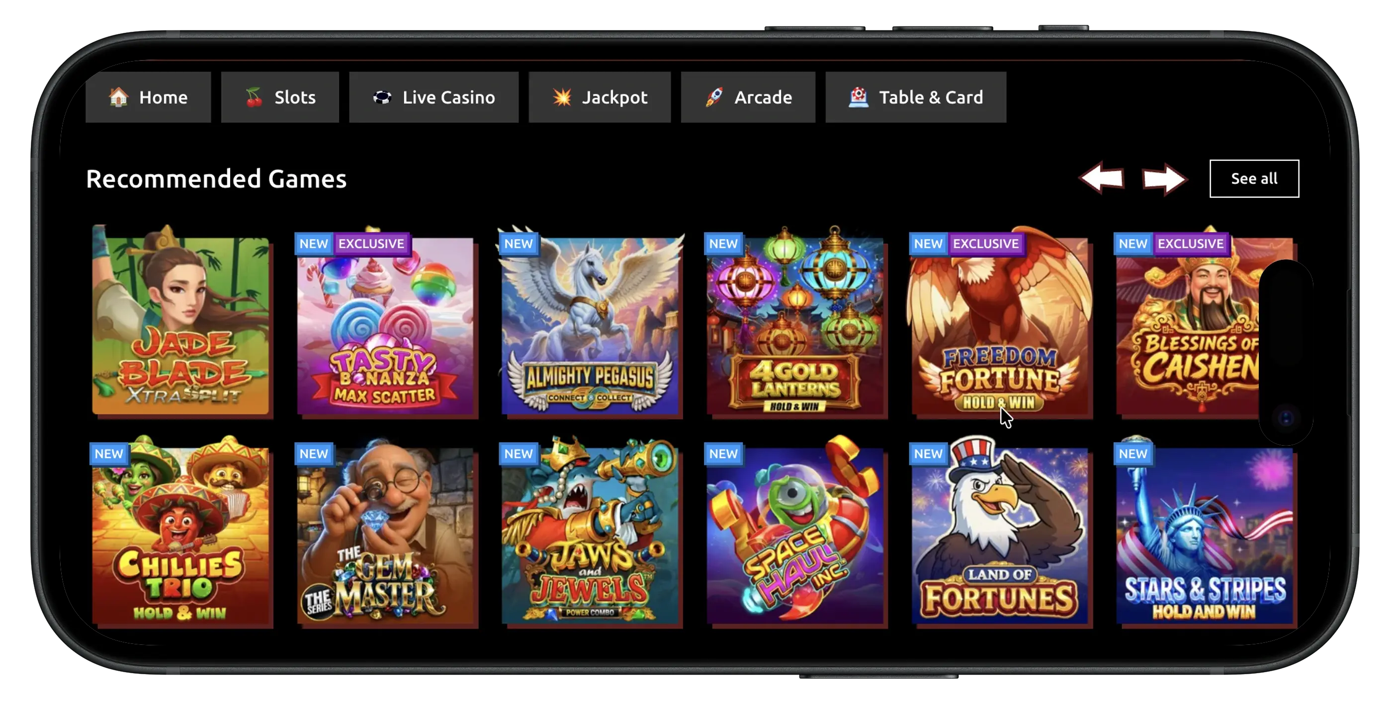 Hello Millions Social Casino game selection and recommended games.
