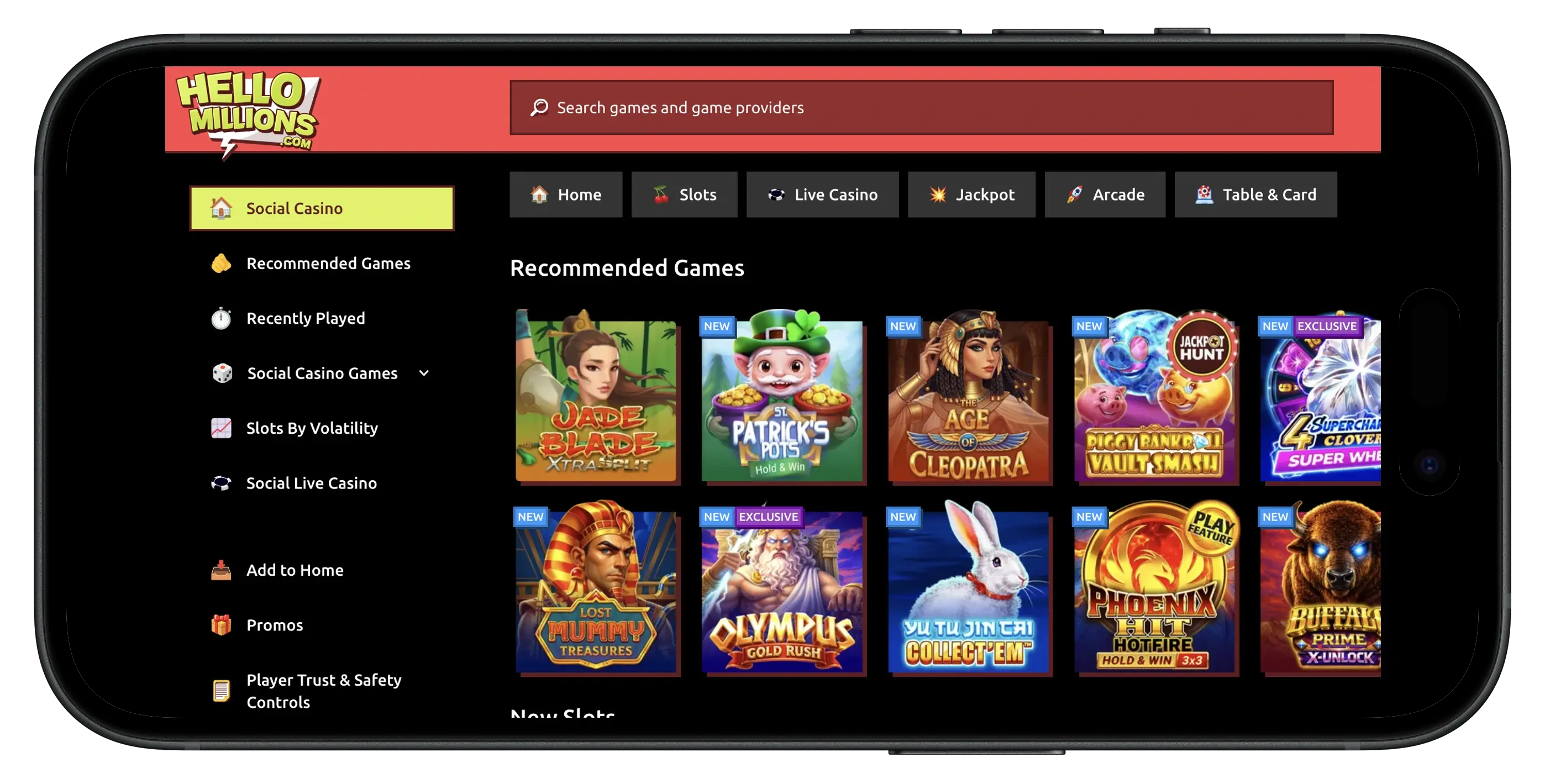 Hello Millions casino games homepage and interface.