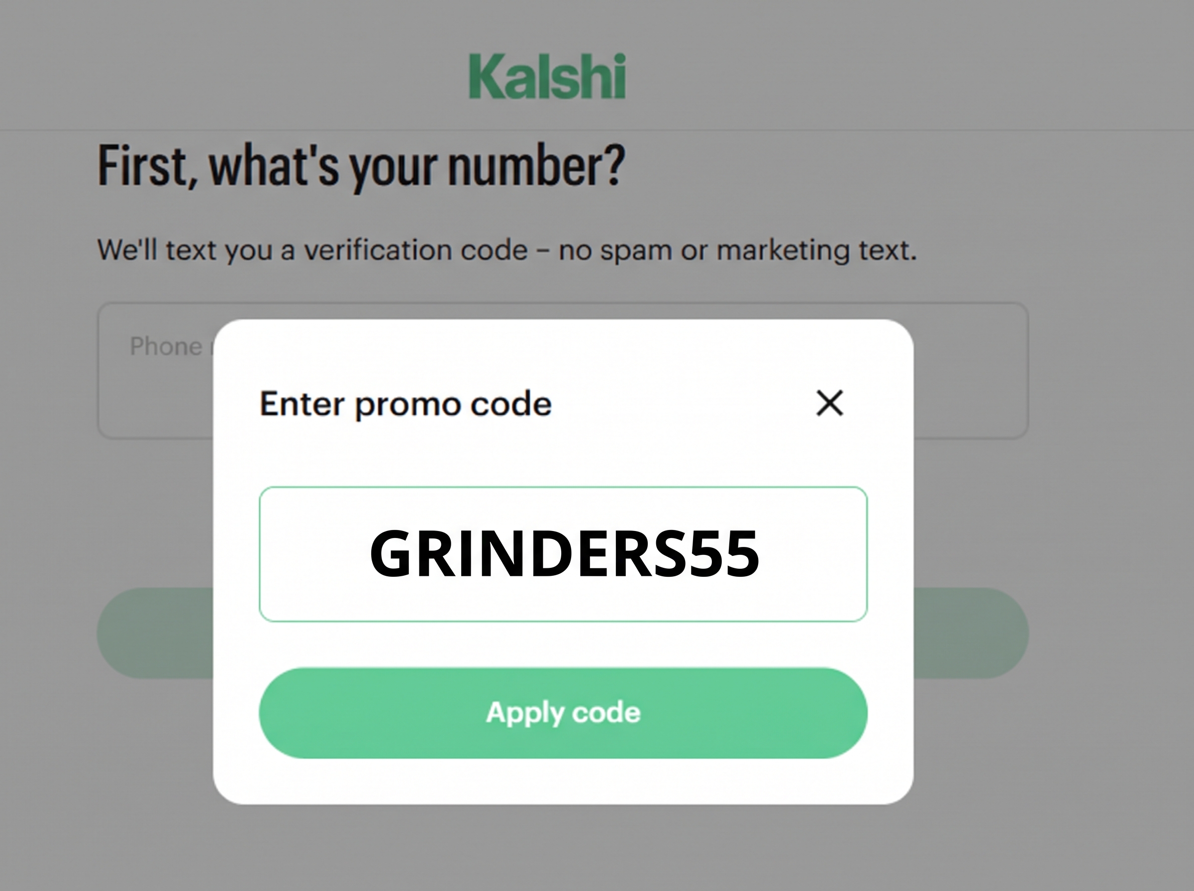 Kalshi sign-up screen showing the promo code entry window where new users can apply the Kalshi promo code GRINDERS55 before creating an account.