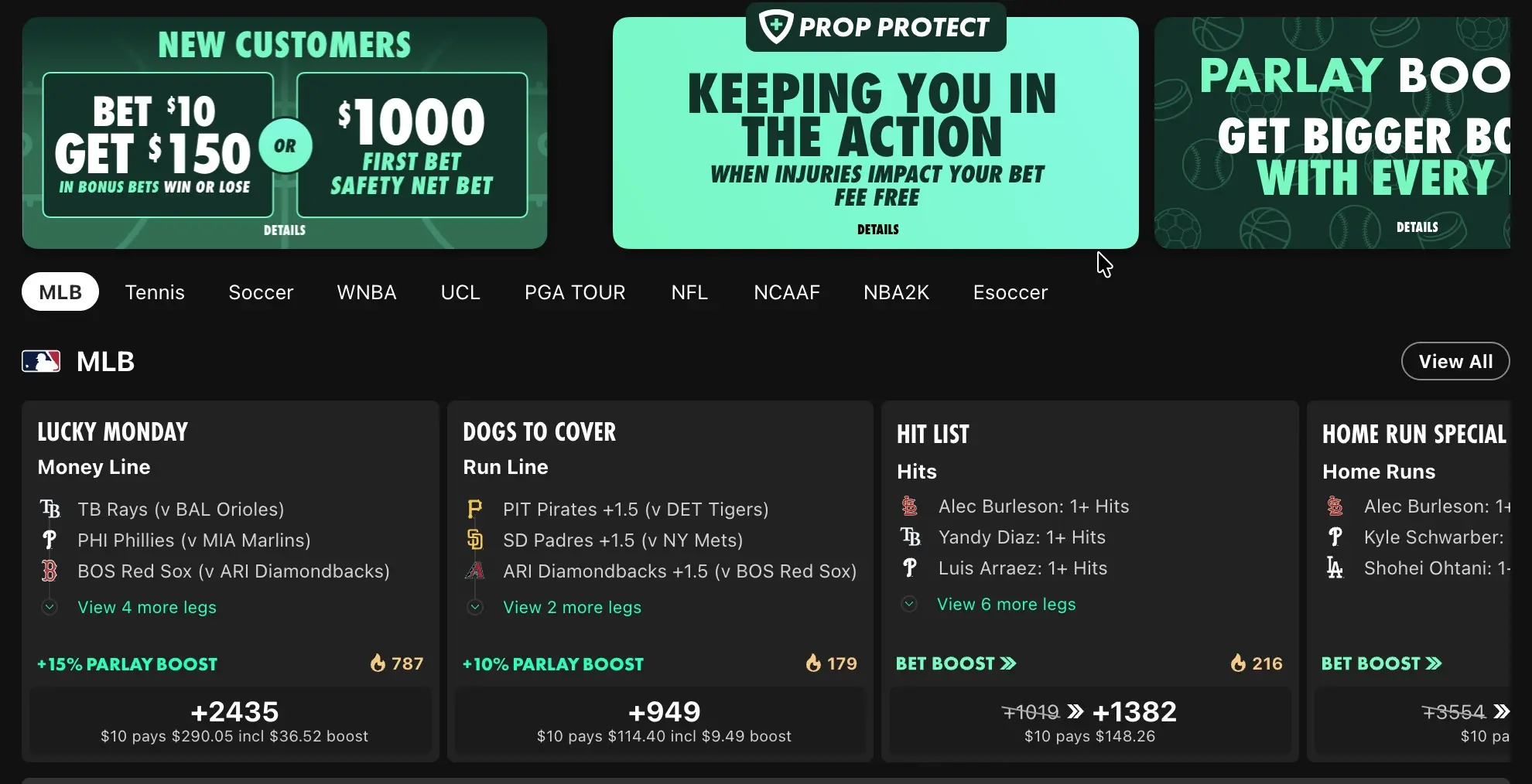 MLB betting options available at bet365 sportsbook.