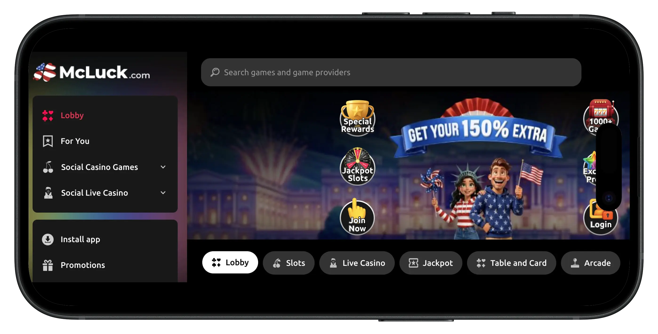 McLuck promo code homepage and left side categories.