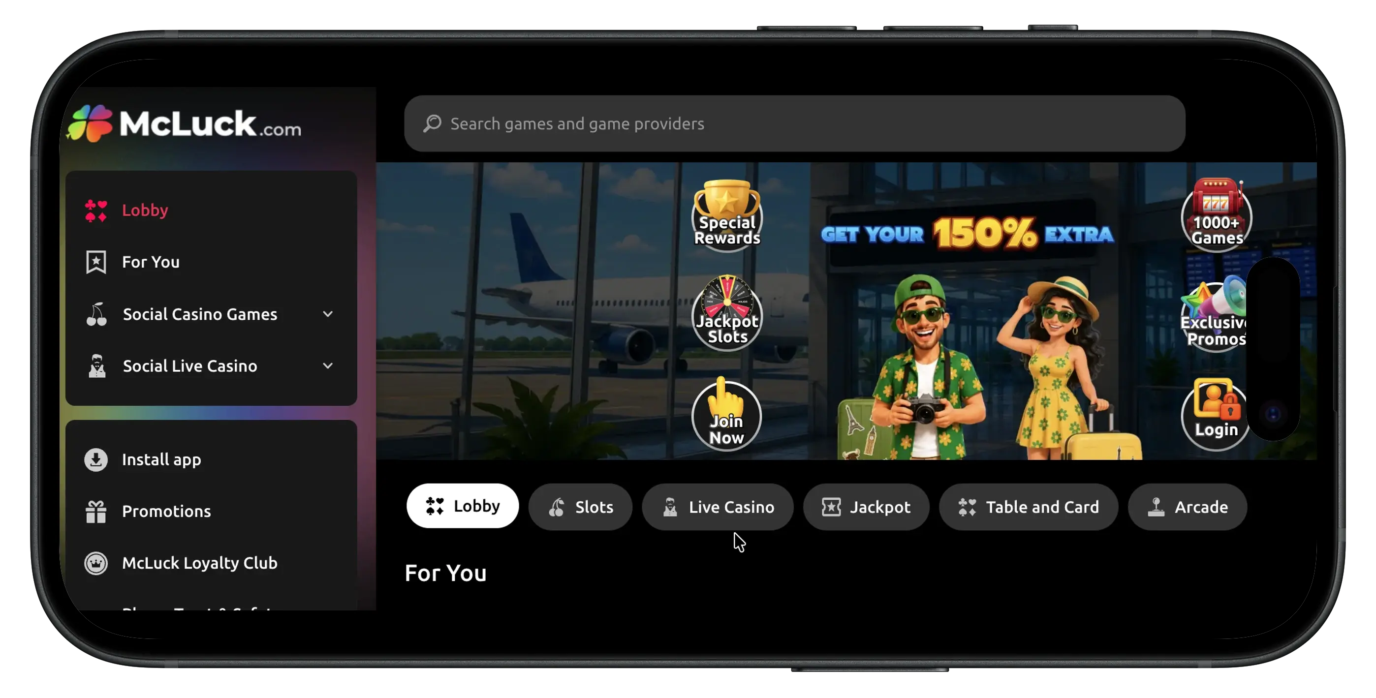 McLuck Social Casino homepage and interface.
