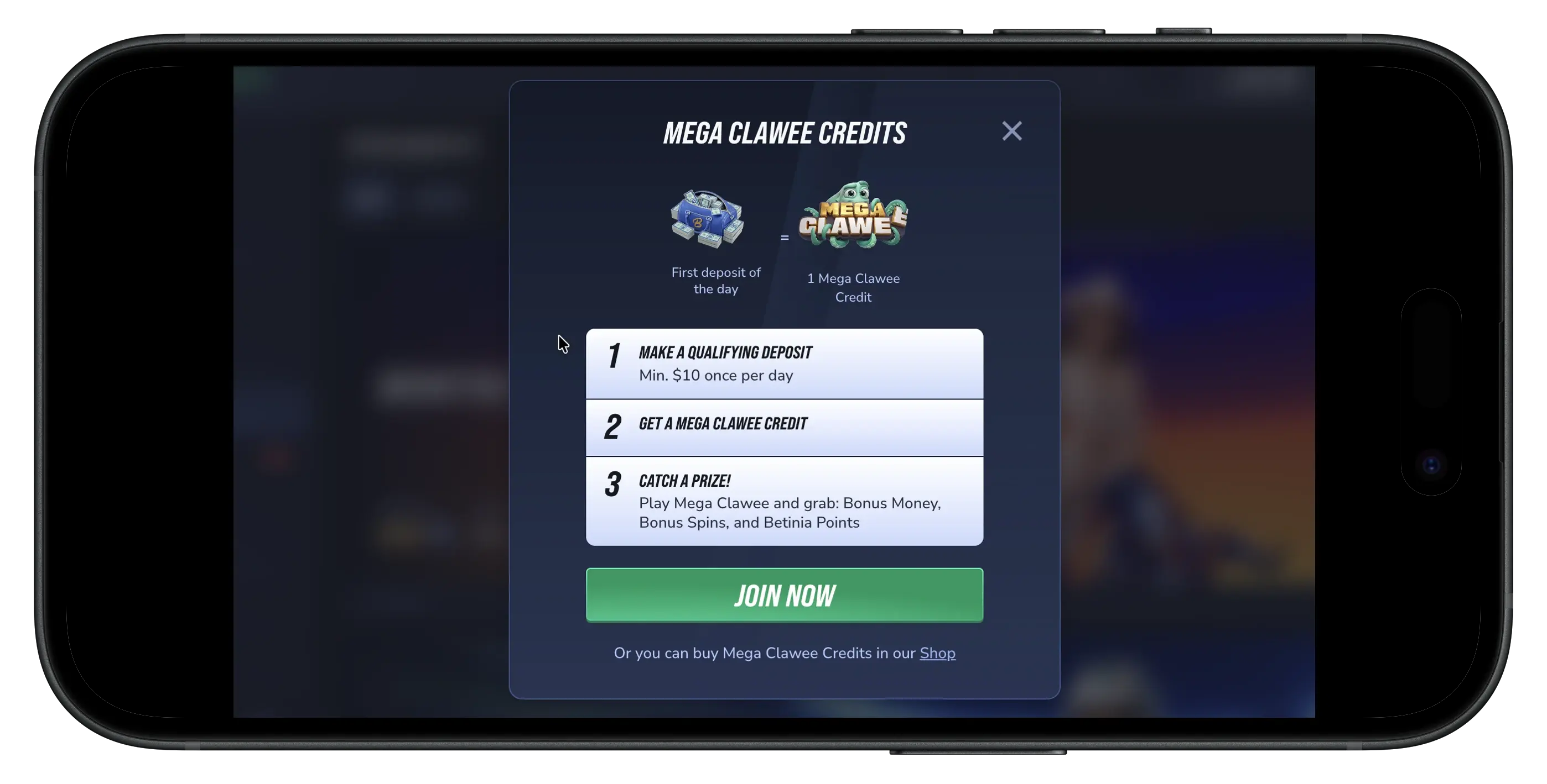 Mega Clawee credits for Betinia Casino promo code.