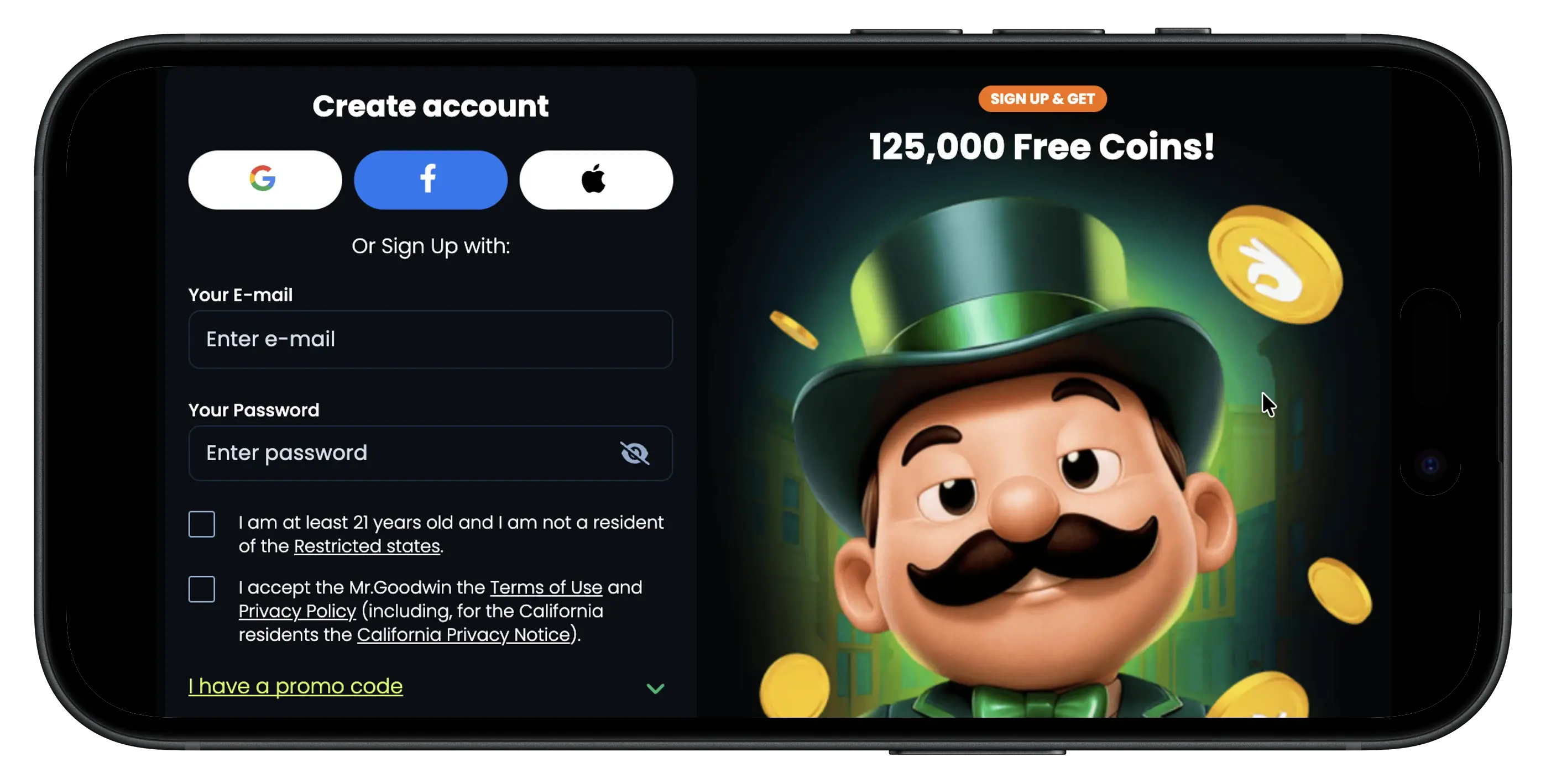 MrGoodwin Casino promo code sign up prompt.