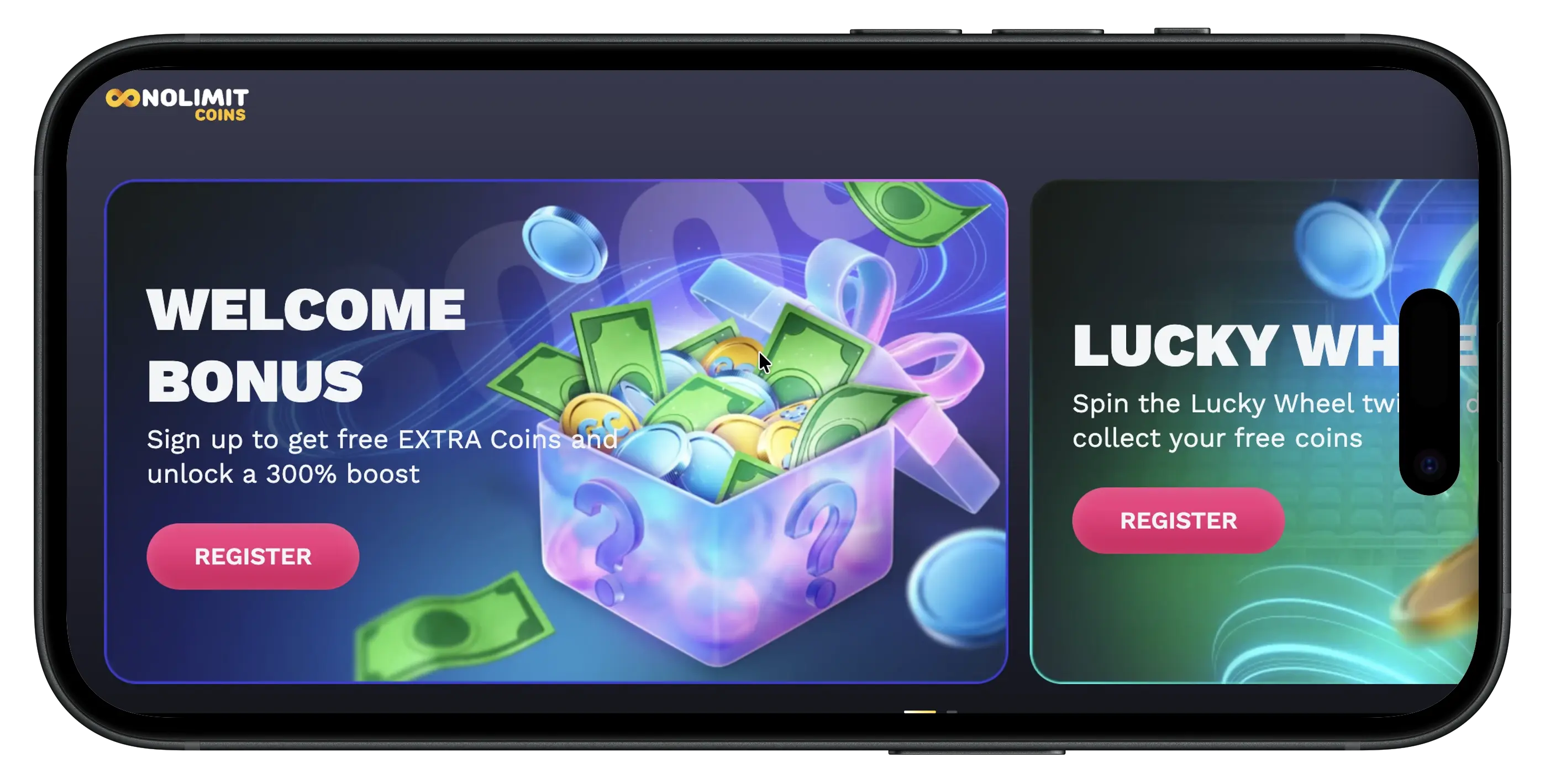 NoLimitCoins Casino welcome bonus and homepage.