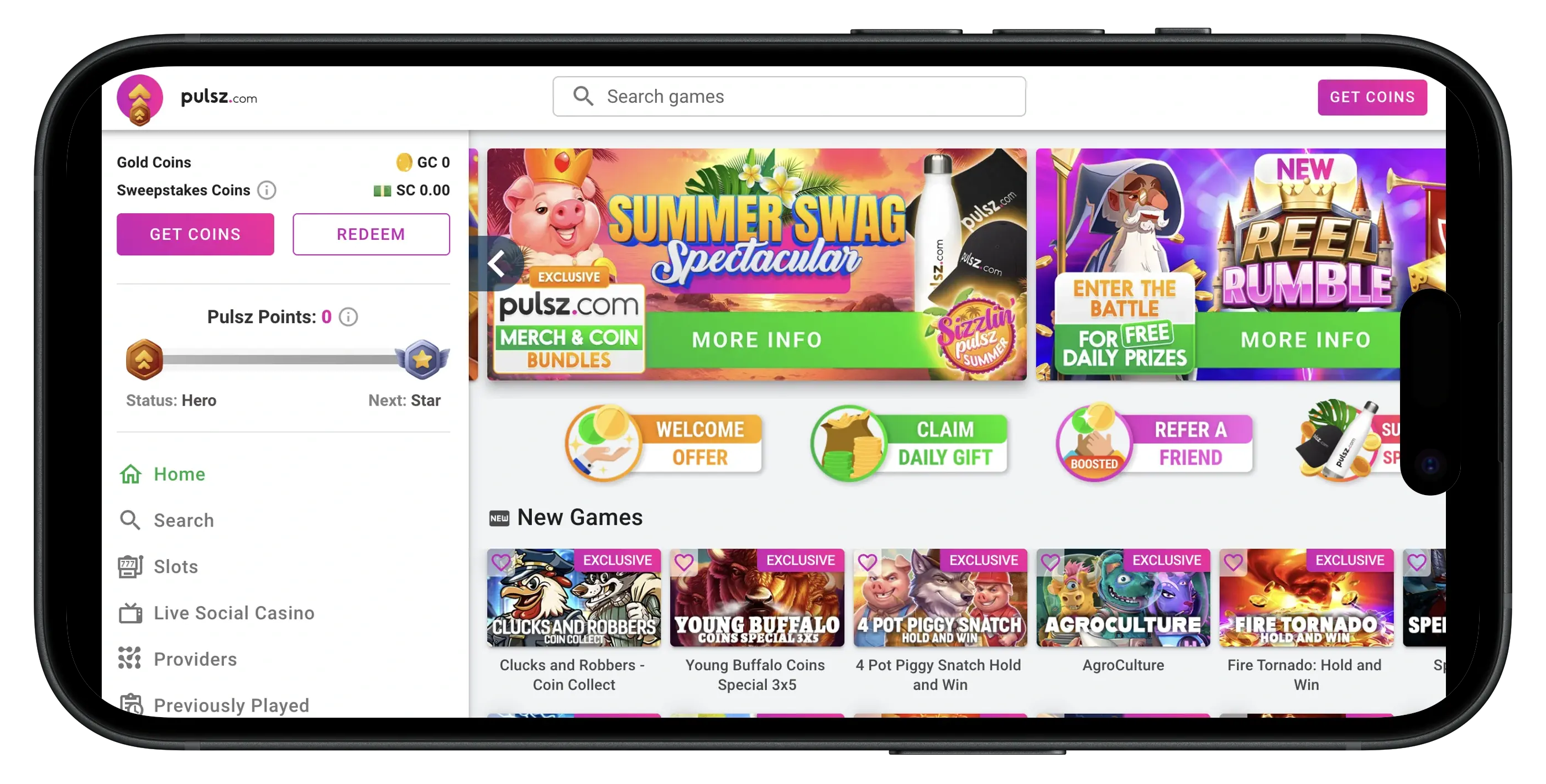Pulsz Social Casino homepage and interface.