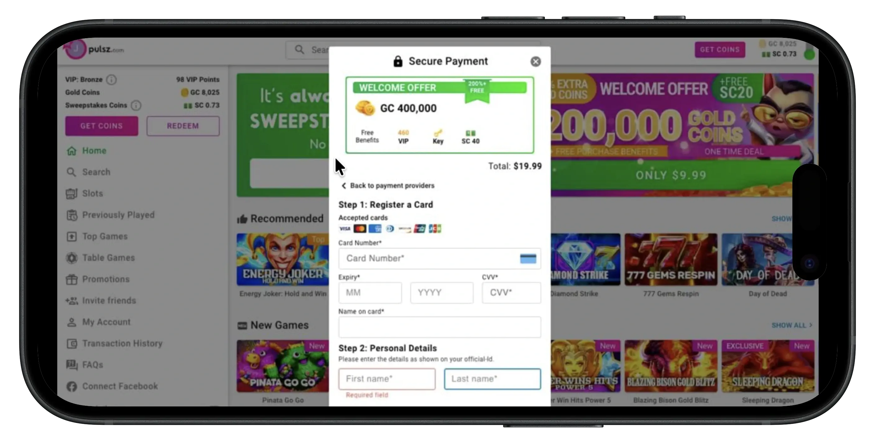 Pulsz Social Casino secure payment option.