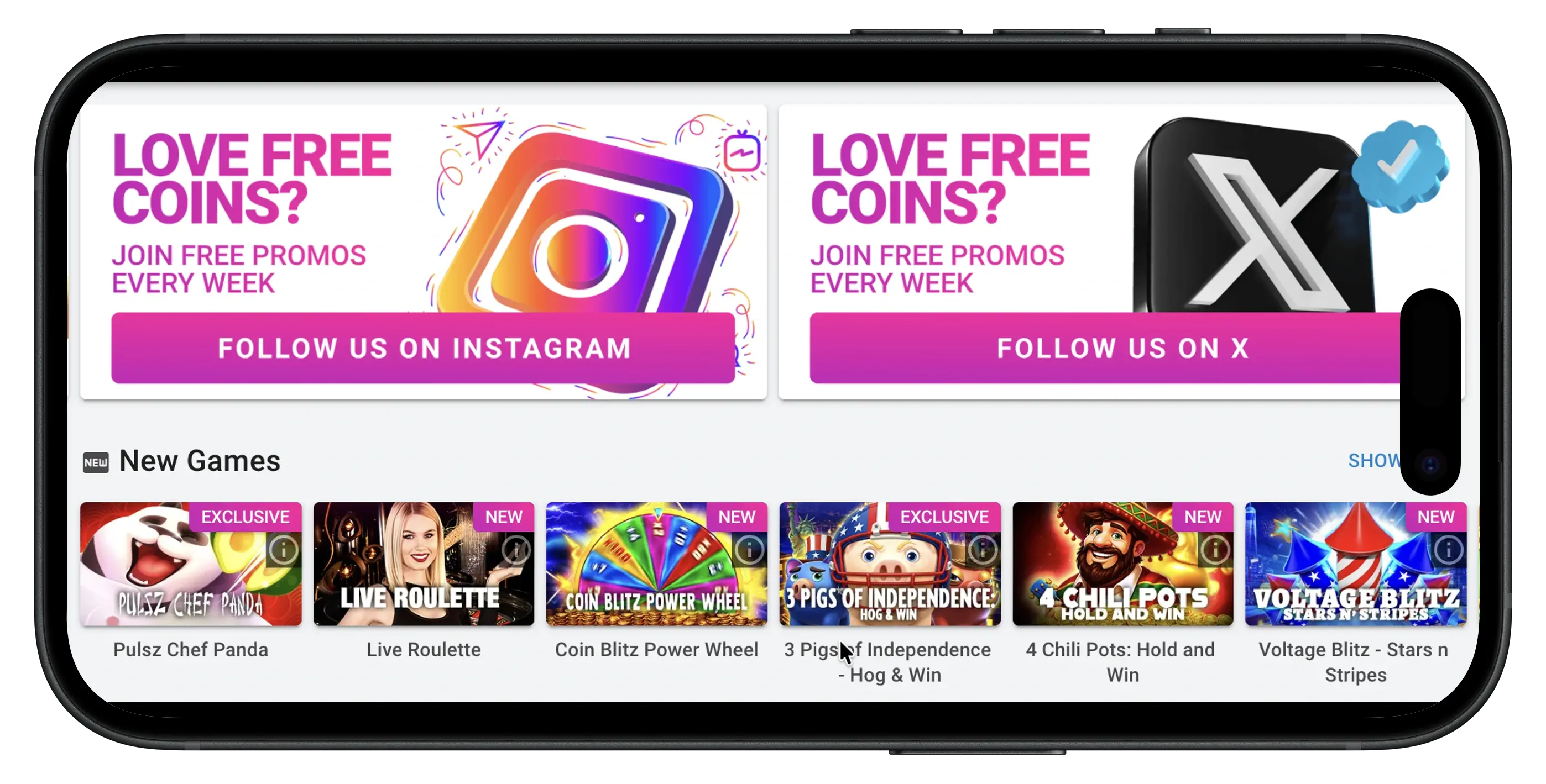 Pulsz Social Casino new games and other social casino promotions.