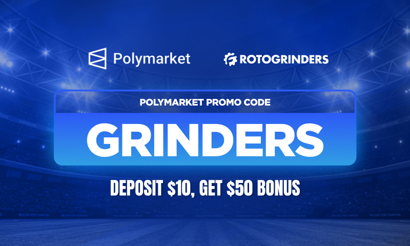 Polymarket promo code GRINDERS — deposit $10, get $50 bonus. Polymarket and RotoGrinders logos on a blue stadium background.