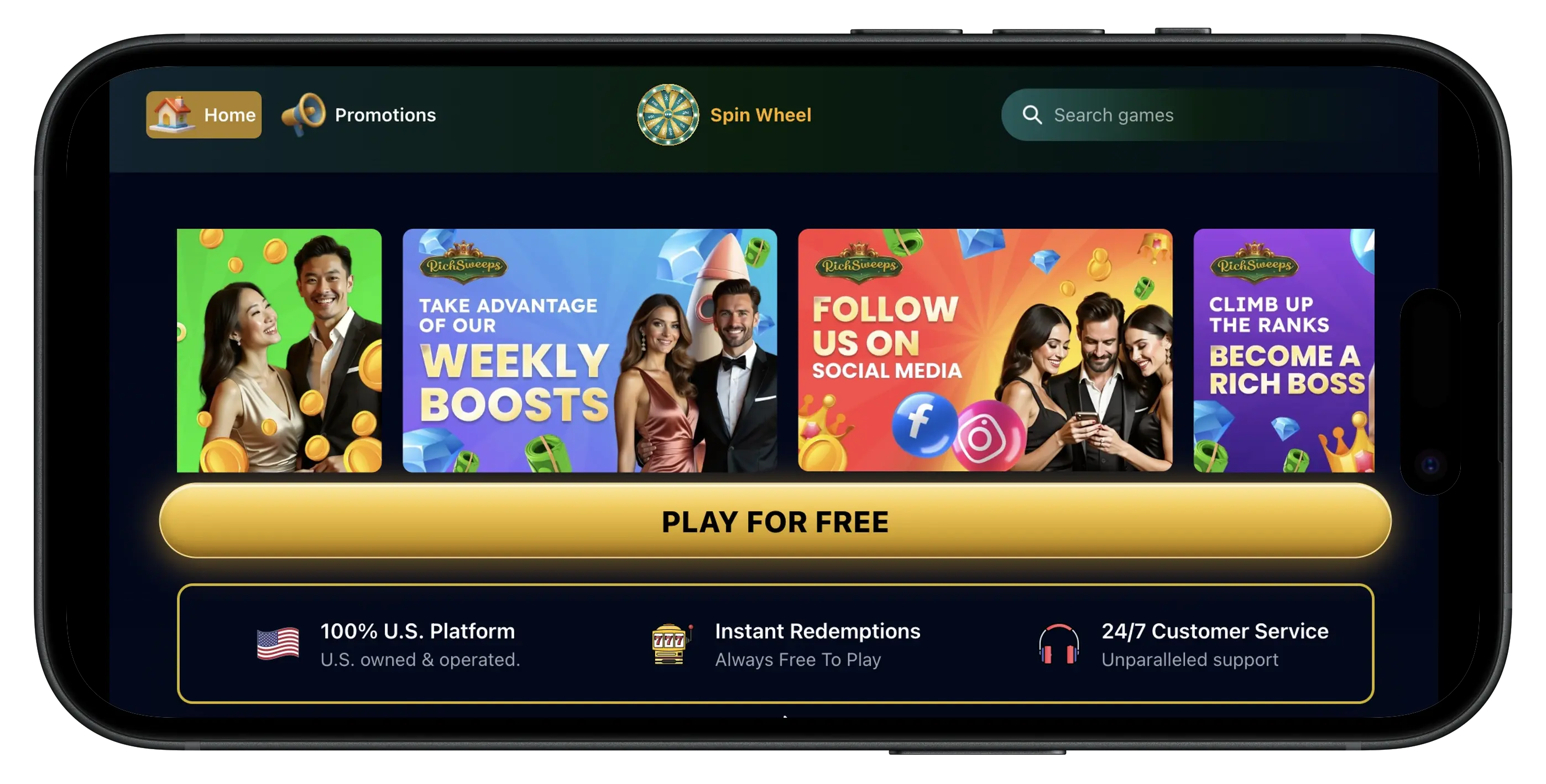 RichSweeps Social Casino interface and homepage.